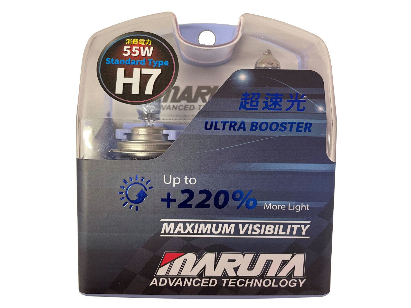 MARUTA KFZ-Ersatzleuchte ULTRA BOOSTER, H7, Kaltweiß, H7 55W 3800K, 220% mehr Licht, langelebige Xenon Effekt Halogen Lampen