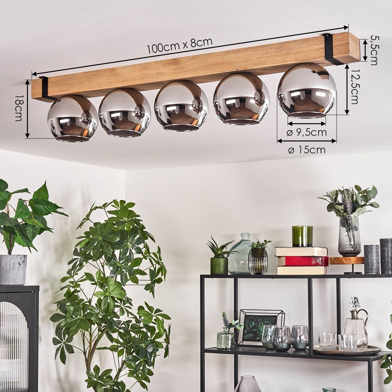 hofstein Deckenleuchte Deckenlampe aus Metall/Holz/Glas in Schwarz/Natur/Chromfarben, ohne Leuchtmittel, Holzbalken 100cm u. Glaskugeln Ø15cm, 5x E27, ohne Leuc – Bild 4 von 5