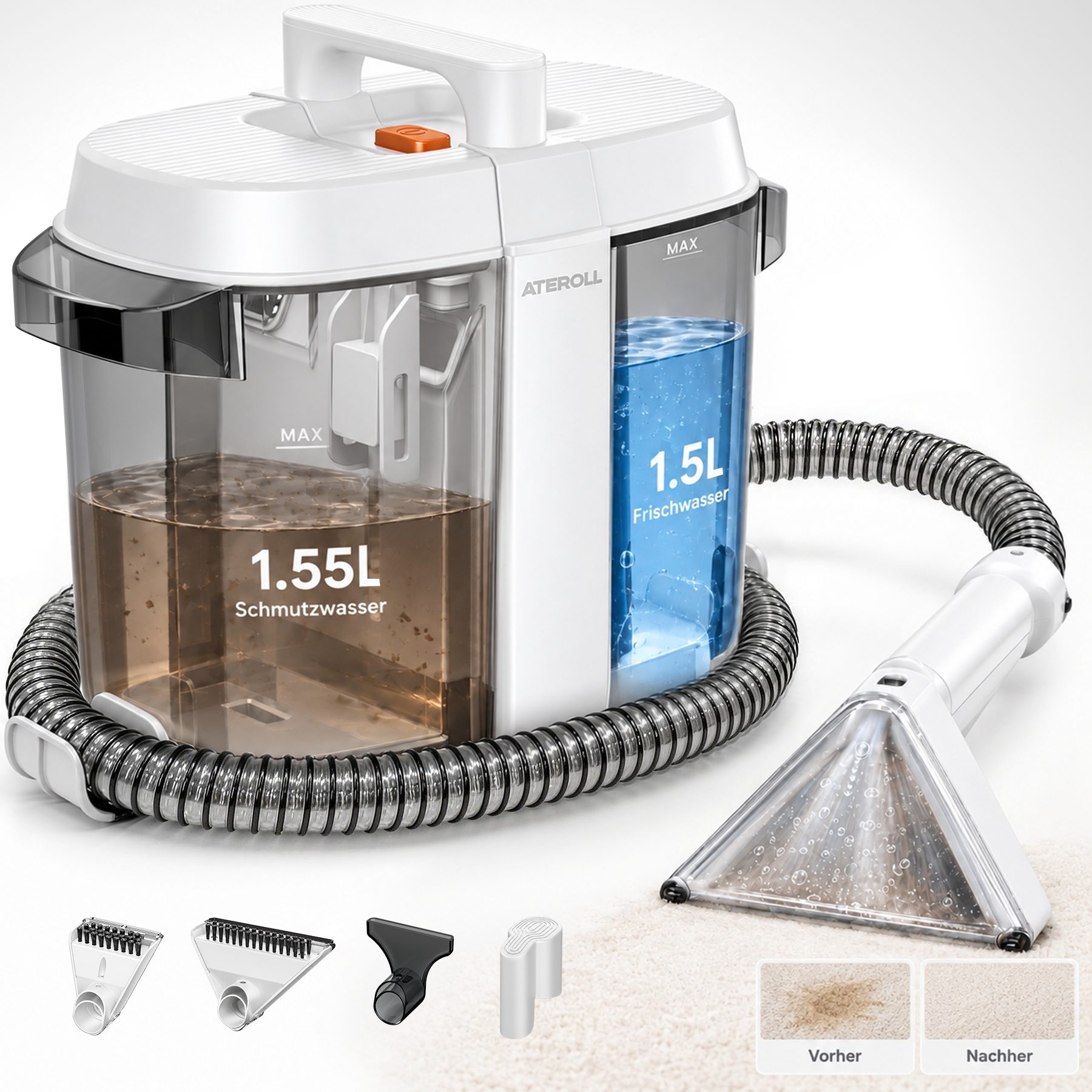 ATEROLL Teppichreinigungsgerät Polsterreiniger Gerät, 25 kPa, Selbstreinigung & 1,55L+1,5L Trenntank, 600 W, Beutellos, mit abnehmbarem …