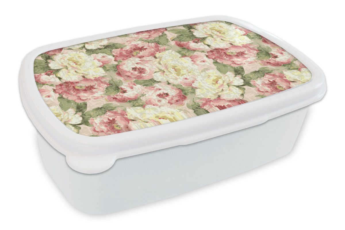 Vintage Muster, Lunchbox Erwachsene, MuchoWow Kinder für - Kunststoff, und für und - Rosen (2-tlg), Brotbox Mädchen Jungs Brotdose, weiß