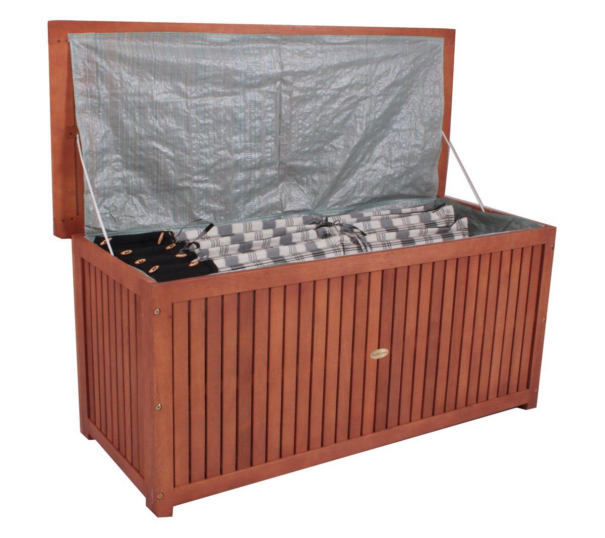 Spetebo Auflagenbox Akazien Holz Auflagenbox WASHINGTON - 133 x 58 cm, Kissen Box mit Folien-Innentasche für alle handelsüblichen Gartenstuhl-Auflagen