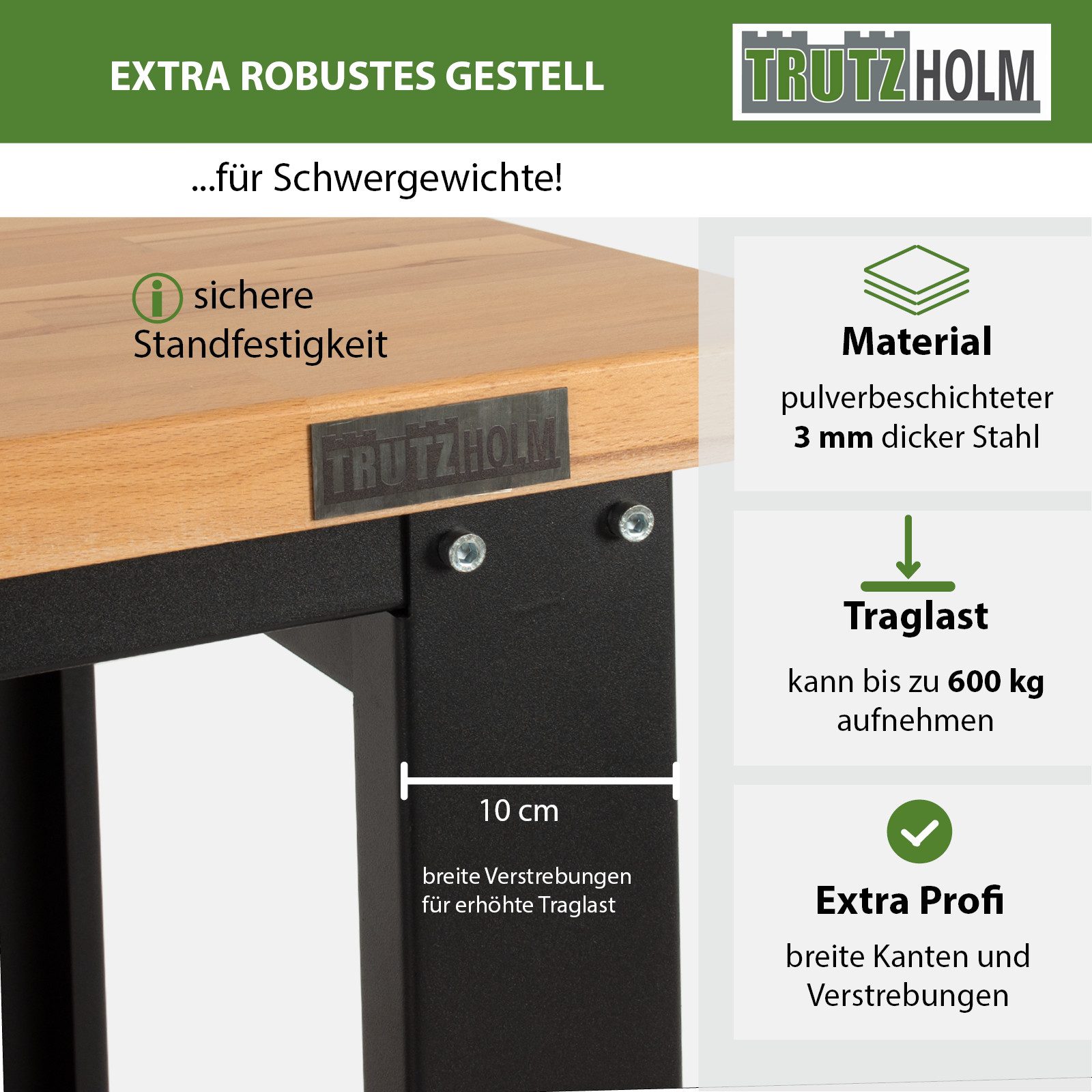 TRUTZHOLM Werkbank Werkbank Profiline XL freistehend modular ca.1,7 m robust Stahl Holz, (Artikel, 1-tlg), elektrostatischen Pulverbeschichtung in RAL 7016