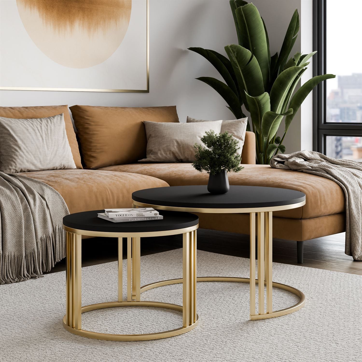 Lookway Couchtisch LORI 2in1 MATT auf einem gebürsteten goldfarbenen Gestell (2er Set), Durchmesser: ⌀70 cm und ⌀50 cm
