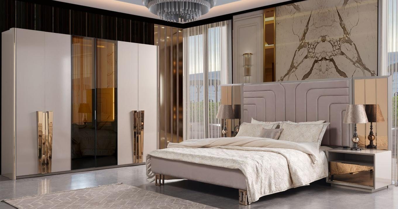JVmoebel Schlafzimmer-Set Garnitur Doppelbett Bett Beige Holz Luxus Modern Schlafzimmer Set 3tlg, (3-St)