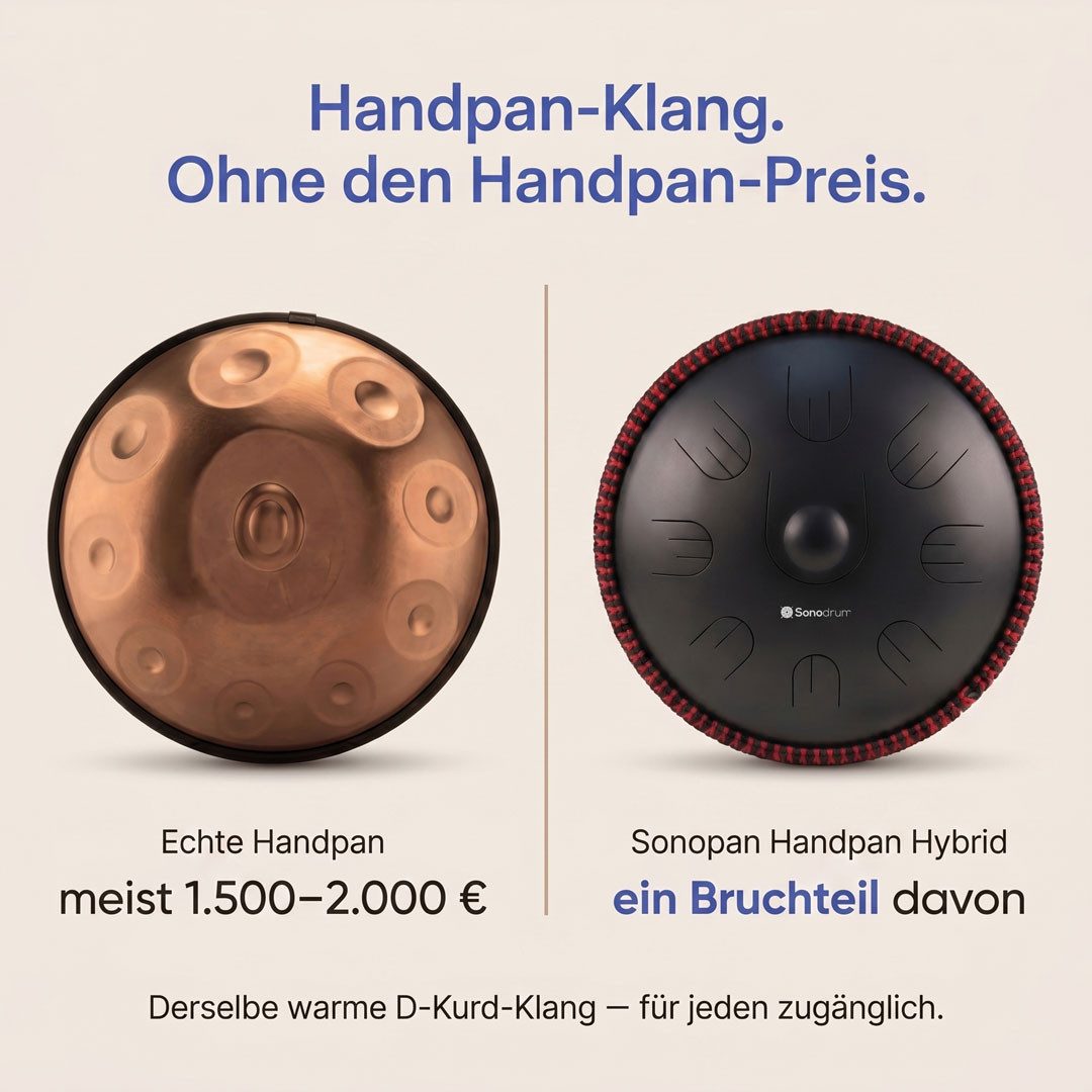 Sonodrum Handpan "Hybrid" - Zungentrommel in D-Kurd mit 9 Tönen - Handpan-Alternative