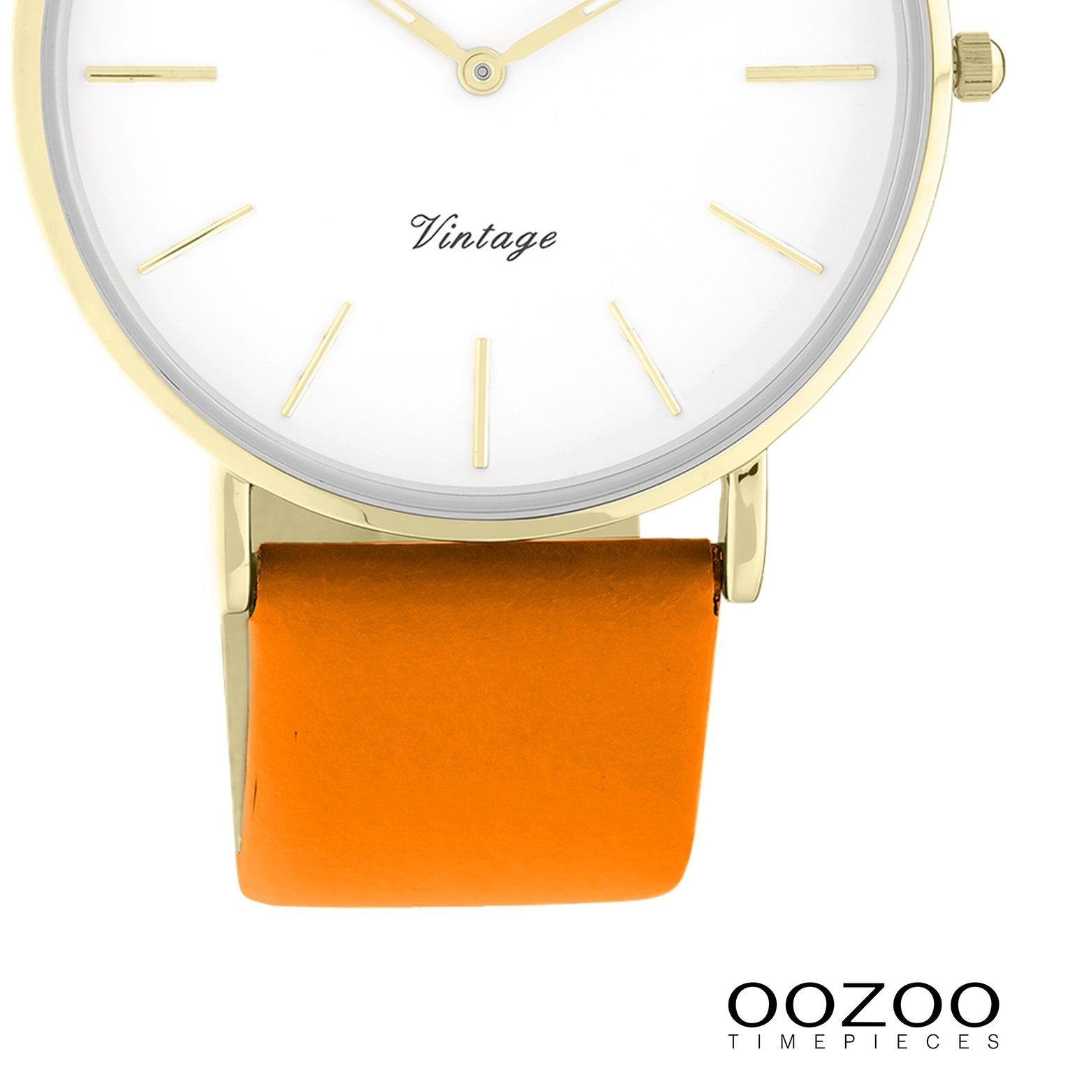 OOZOO Quarzuhr Oozoo Damen Armbanduhr Vintage Series, (Analoguhr), Damenuhr rund, groß (ca. 40mm), Lederarmband orange, Fashion