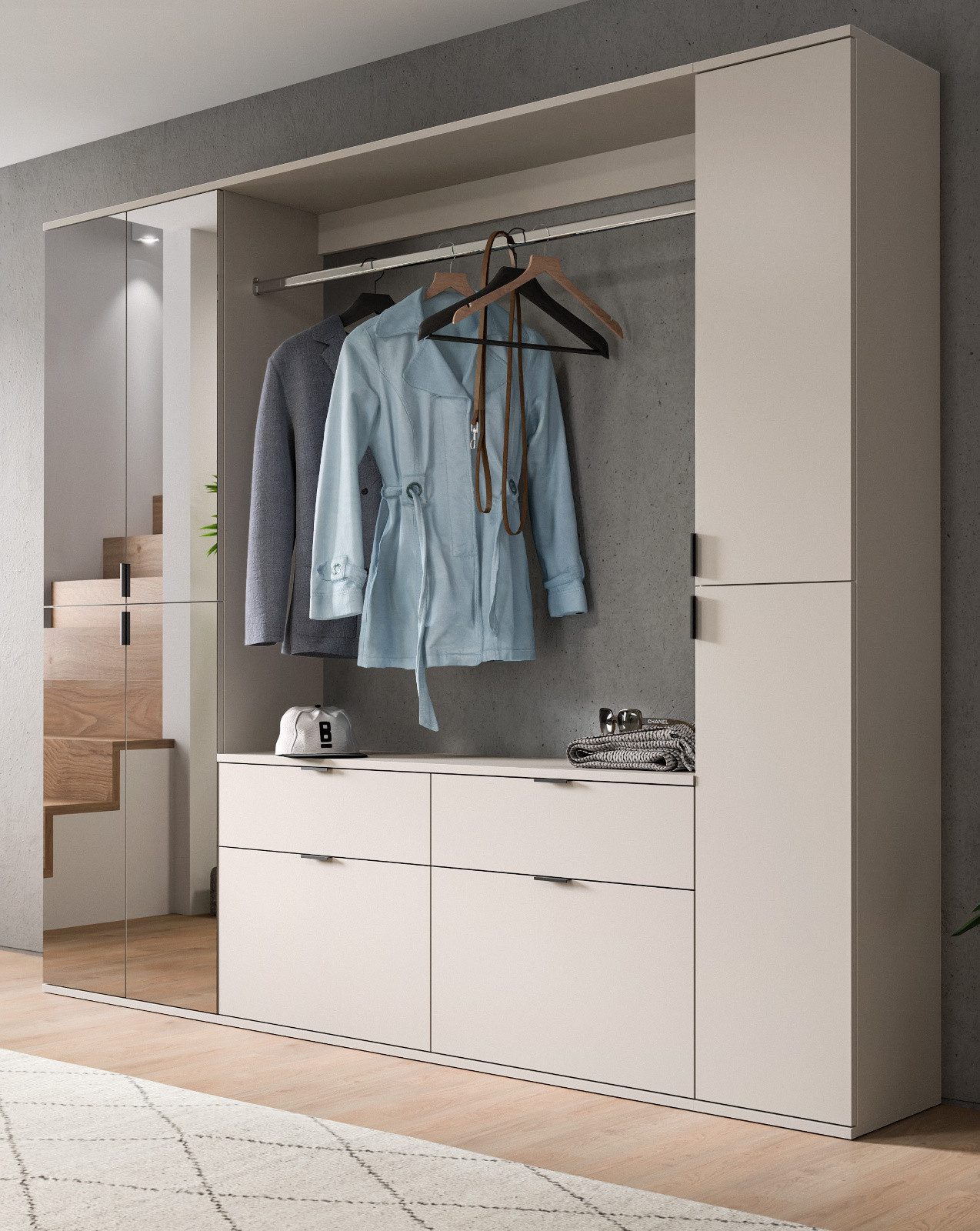 Inn.Furn Garderoben-Set Line-Up, (Komplett-Set mit Schuhschrank in Kaschmir, 4 Spiegeltüren, 212 x 193 cm), variable Inneneinteilung, bis zu 21 Fächer