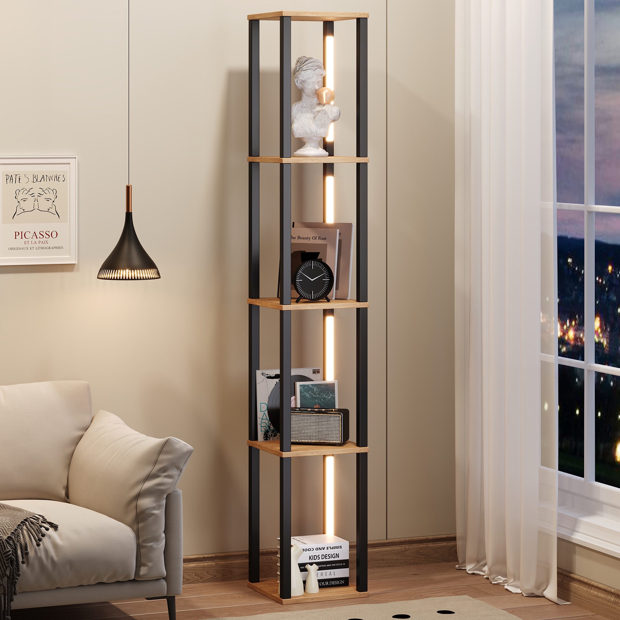 Flieks Bücherregal Standregal mit einstellbare LED-Beleuchtung, 4 Ebenen Eckregal, 1-tlg., Mehrzweckregal Lagerregal aus MDF, 4 Fächern, Naturholzfarbe&Schwarz