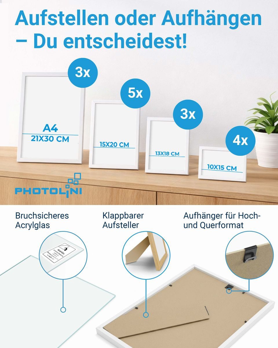 PHOTOLINI Bilderrahmen 15er Set No.2 Poster-Rahmen in verschiedenen Formaten für Einzelbilder, für 15 Bilder (15er Set No.2), MDF Holz, Acrylglas & Zubehör, For – Bild 3 von 5