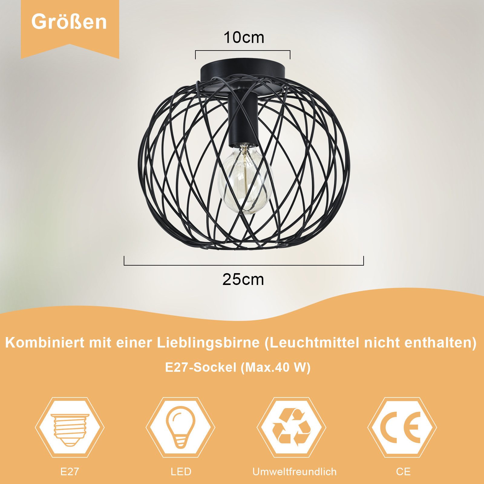 Nettlife Deckenleuchte 1 Flammig Deckenlampe Vintage Flurlampe Schwarz, LED günstig online kaufen