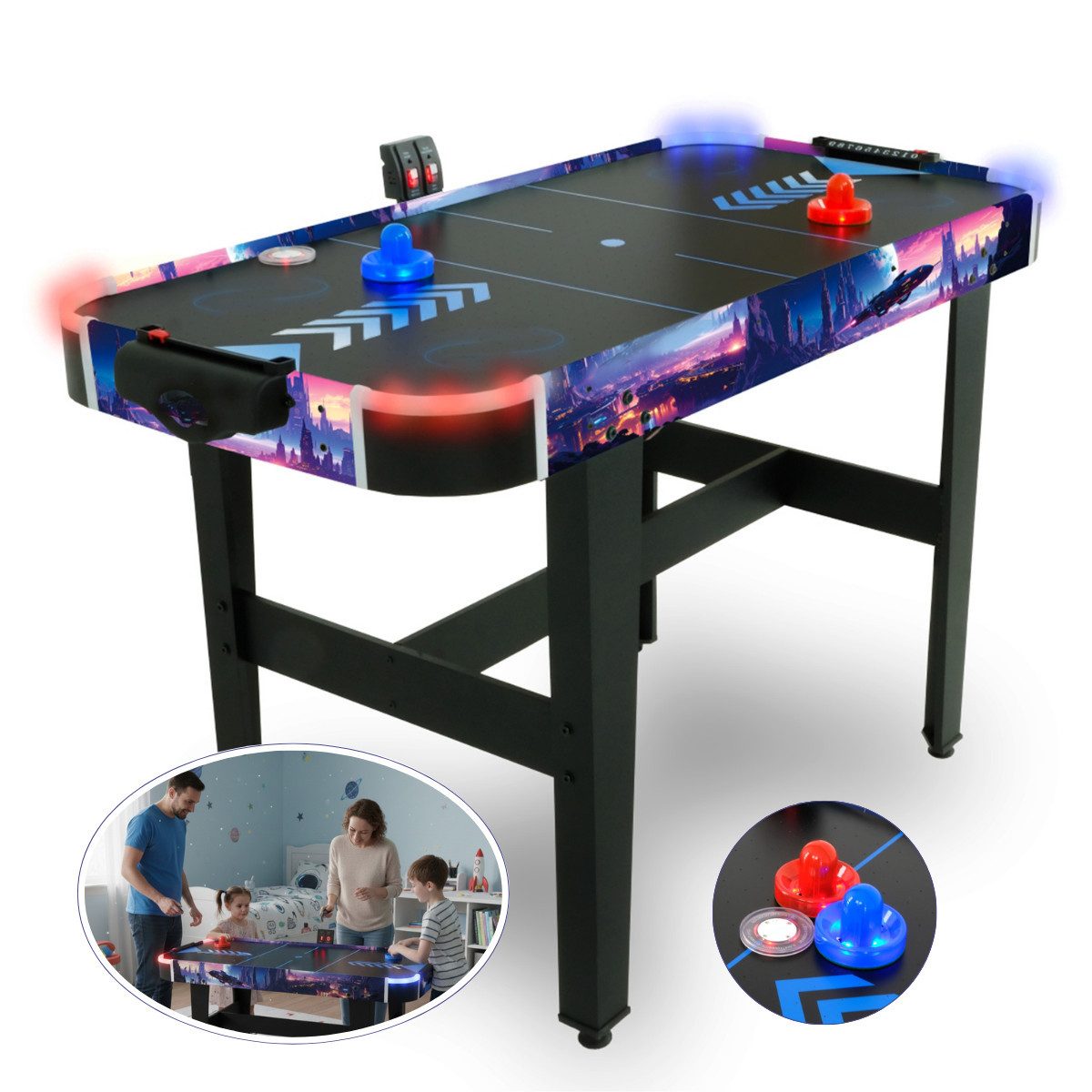 FASports Air-Hockeytisch LED Airhockeytisch für Kinder ab 8 Jahre inkl. leuchtende Pusher/Pucks, (LED Airhockey Tisch Skyline Arena), Sporttisch, Spieltisch für Jugendliche mit LED-Beleuchtung