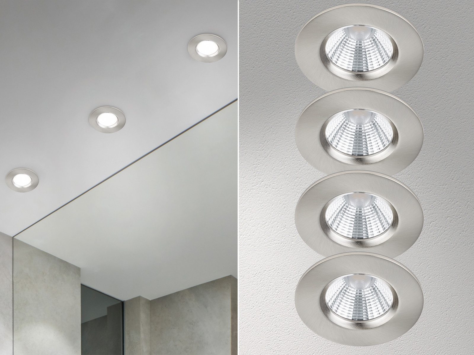 TRIO Leuchten LED Einbaustrahler, Dimmfunktion, LED fest integriert, Warmweiß, 4er-SET Deckeneinbauleuchte, Badlampe Decke Dusche Silber Ø 8,5cm IP65