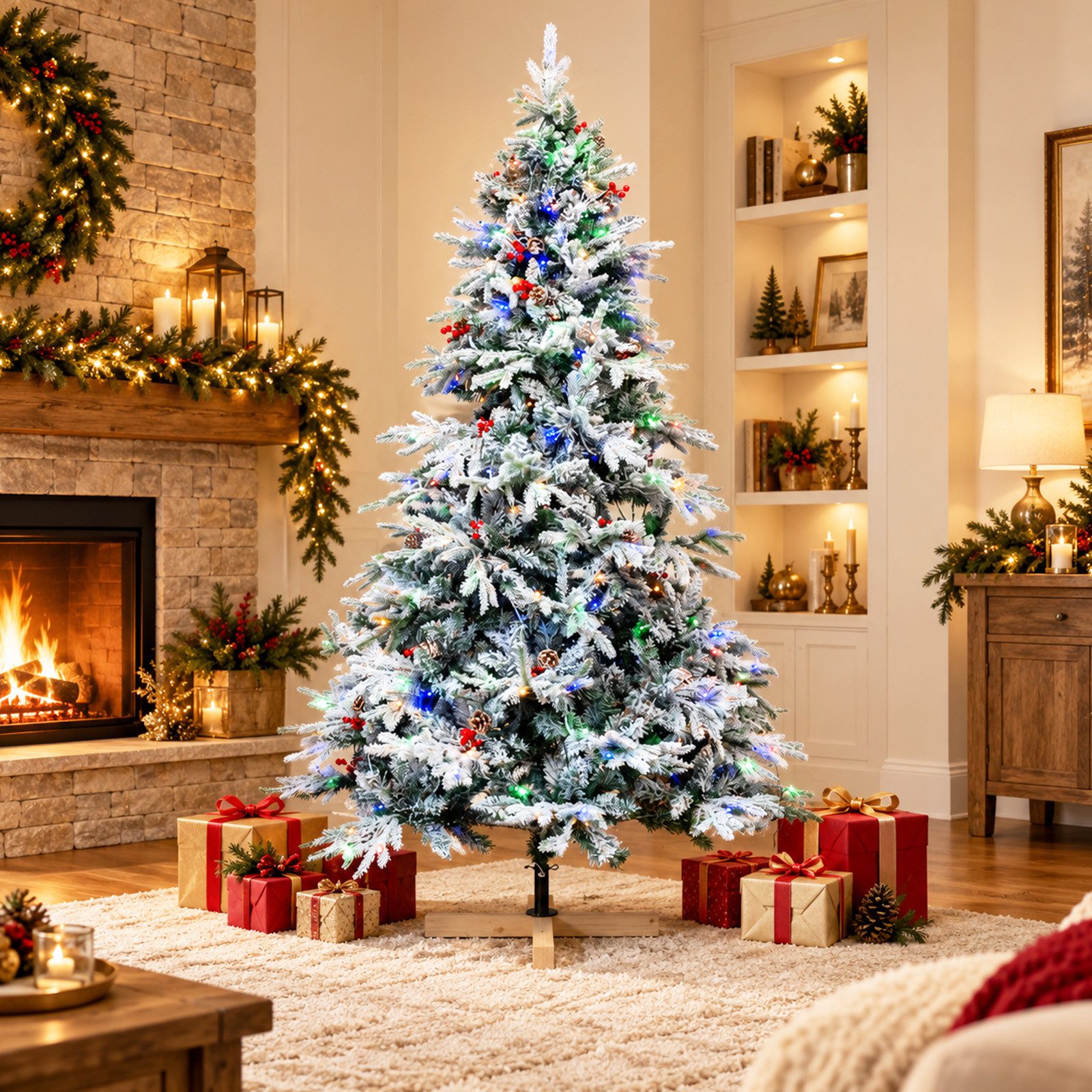 HOMAVO Künstlicher Weihnachtsbaum mit LED-Beleuchtung, 150/180/210 cm, PE-Spritzguss, mit Holzgestell, Rote Beeren & Tannenzapfen, für …