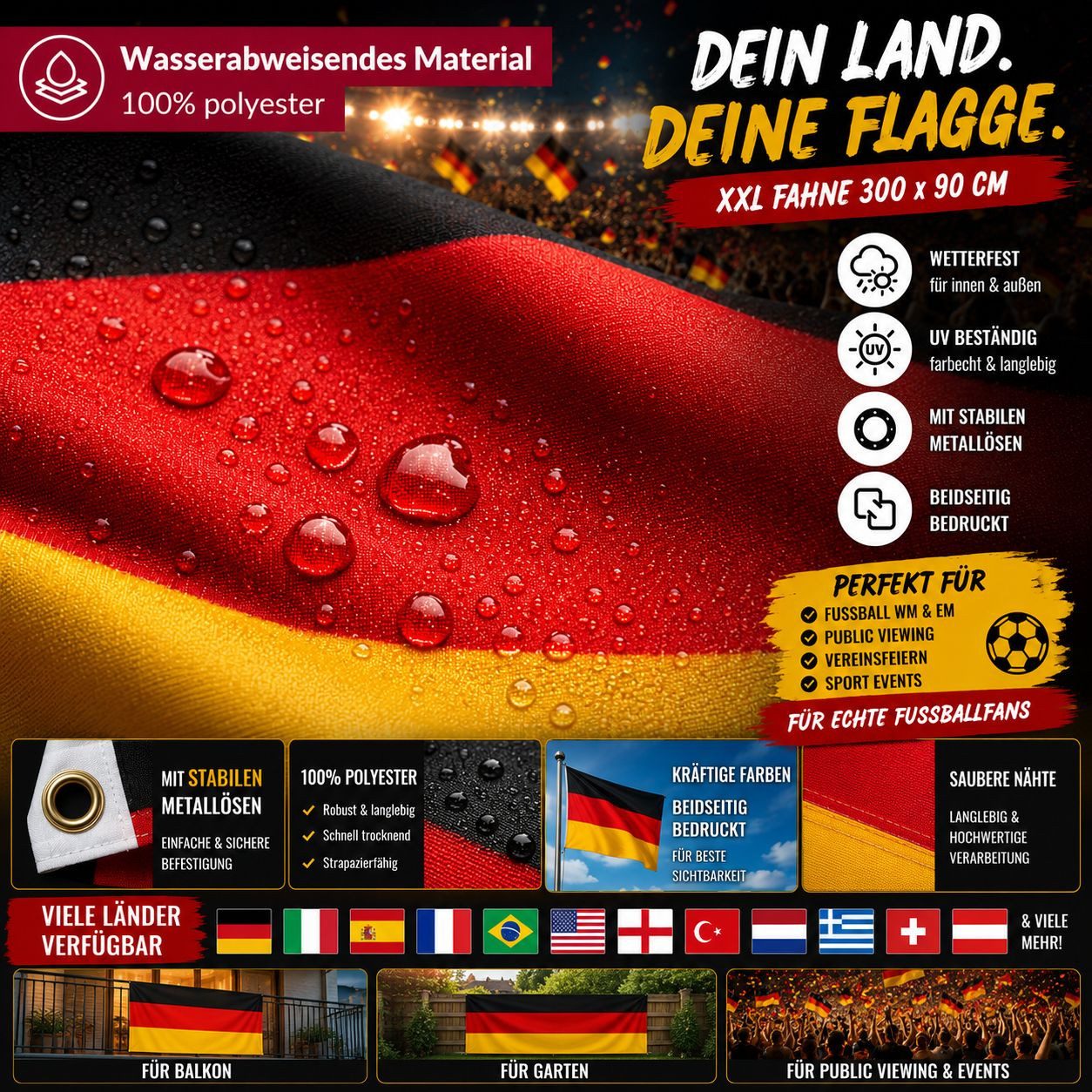 Taffstyle Fahne  Deutschland XXL Balkonfahne 300cm x 90cm Garten Flagge (Große Deutschland Flagge mit Metallösen für Balkon Garten und Events), Weltmeisterschaft 2026 Länderflagge
