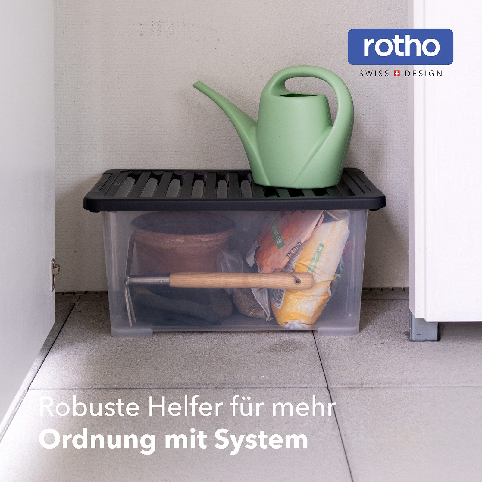 ROTHO Aufbewahrungsbox 4er-Set CORE PLUS 44 L stapelbare Box mit Deckel (Lagerboxen-Set, 4er-Set), große Lagerbox ideal für Kleidung, Decken und Haushaltsartikel