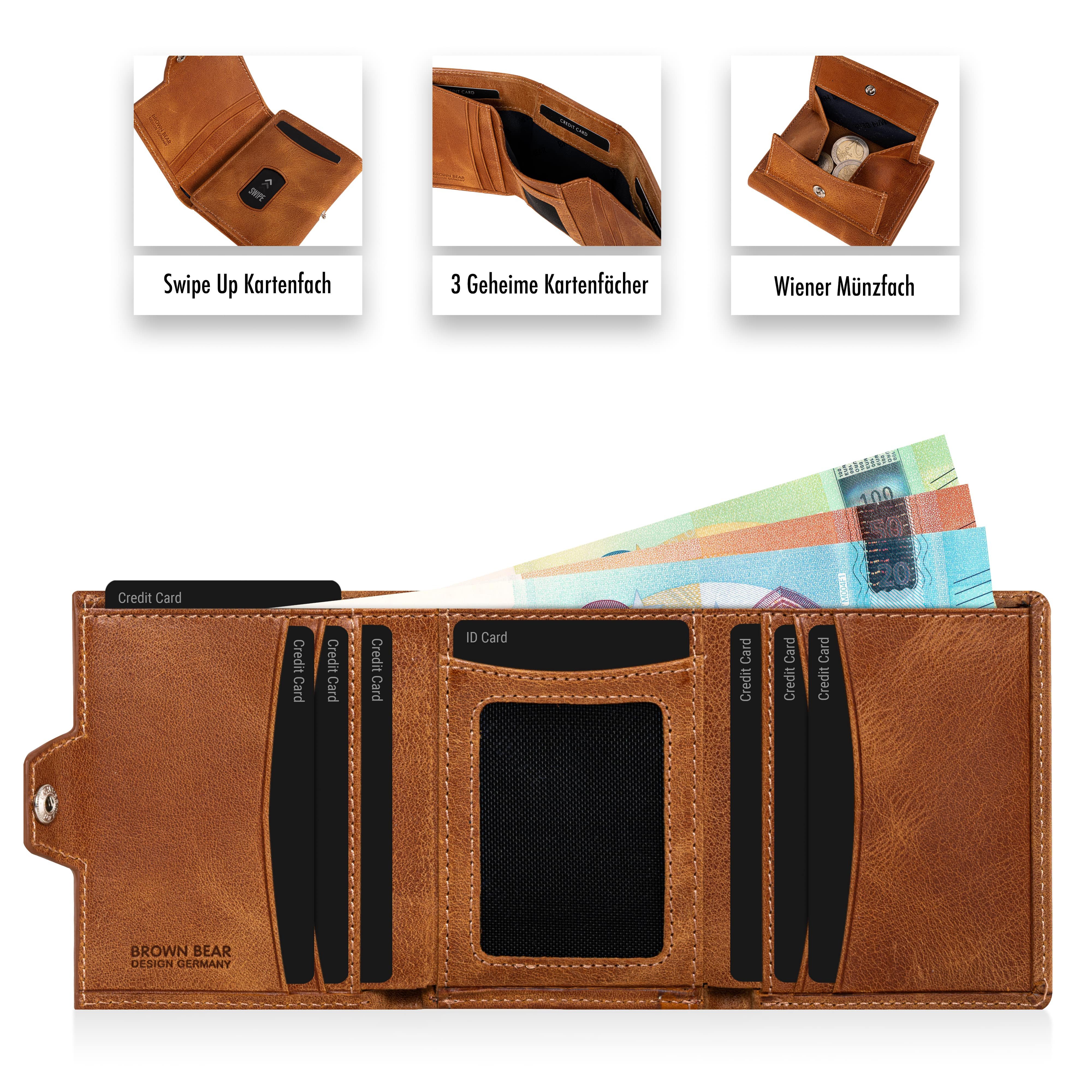 Brown Bear Geldbörse Modell Bruce Slim für 11 Kreditkarten aus Echtleder, mit Münzfach Farbe Cognac-Vintage
