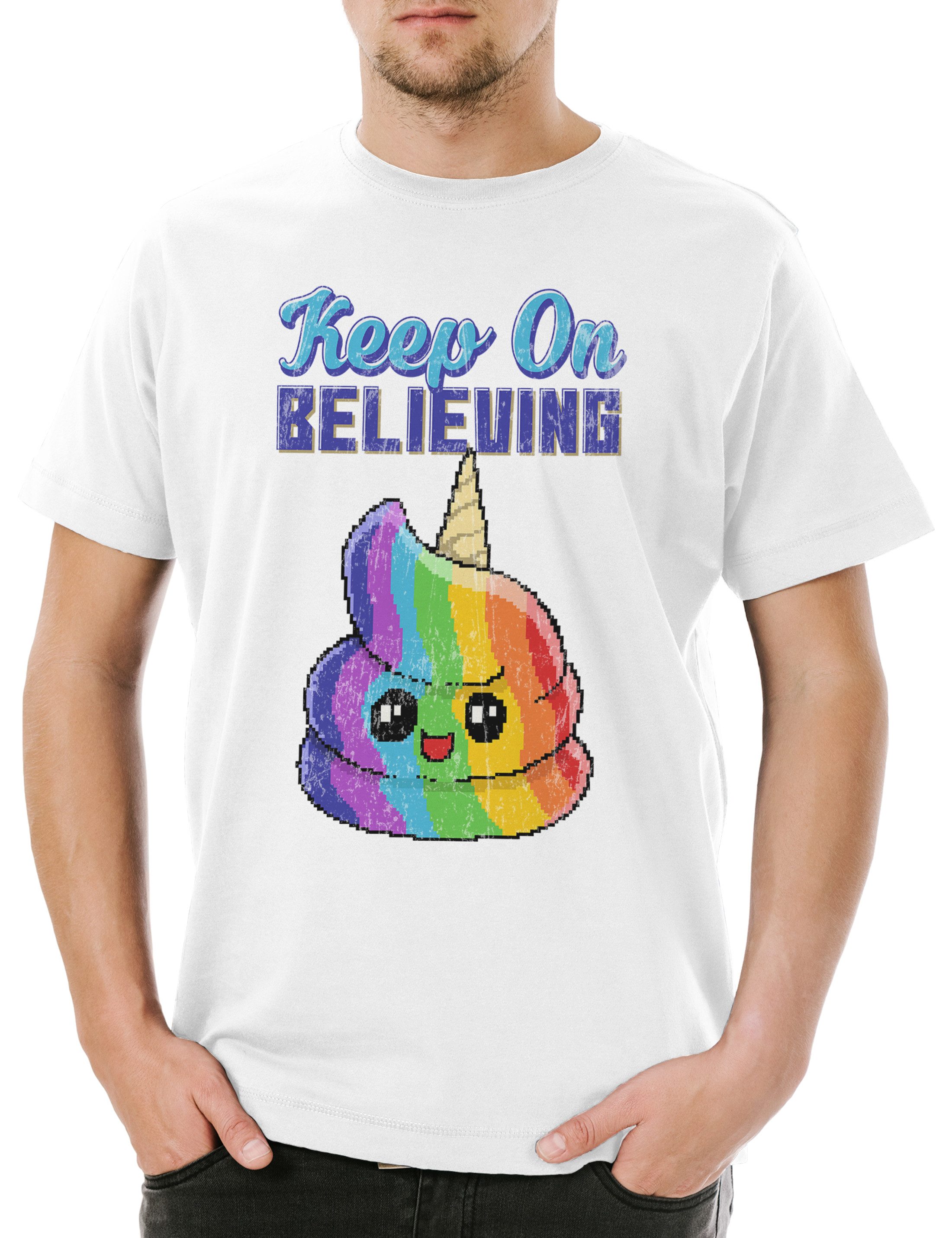 Print-Shirt Keep On Believing Herren T-Shirt Einhorn Regenbogen Rainbow Fun