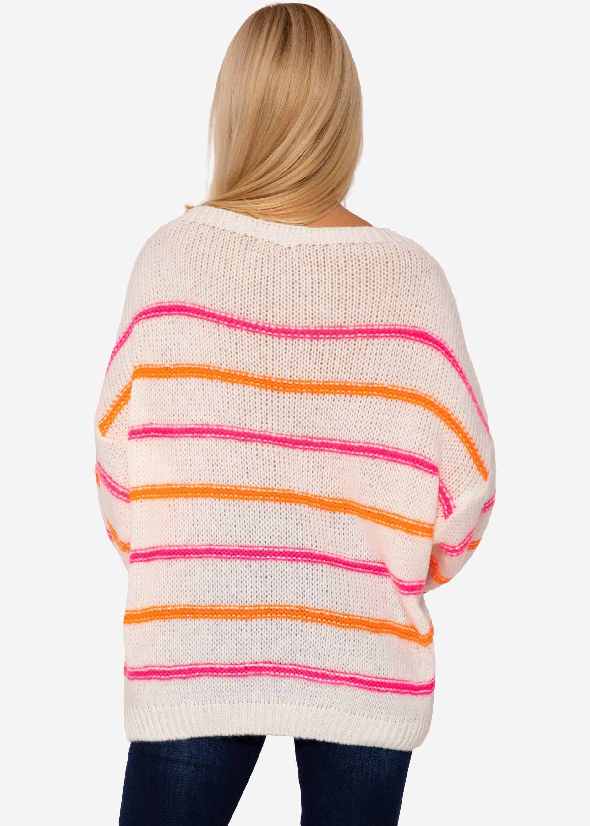 Strickpullover Rundhalsausschnitt mit Made Pink, Damen Oversize SASSYCLASSY aus Orange Grobstrick weitem weichem Lässiger in Pullover Strickpullover Offwhite, Italy