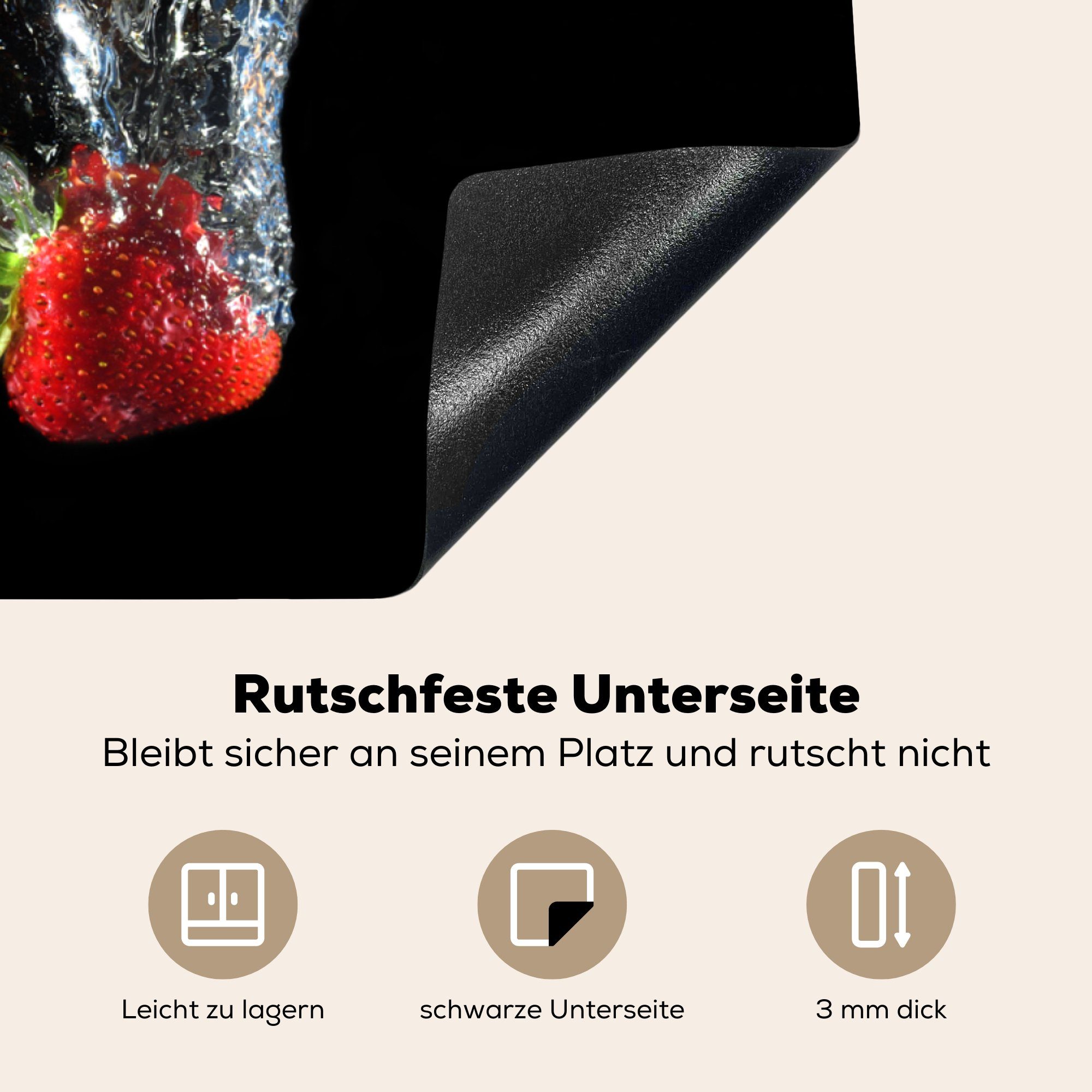 81x52 Obst Herdblende-/Abdeckplatte Rot, Wasser die küche, Erdbeeren Ceranfeldabdeckung Vinyl, - cm, Induktionskochfeld MuchoWow Schwarz (1 - - Schutz - tlg), für