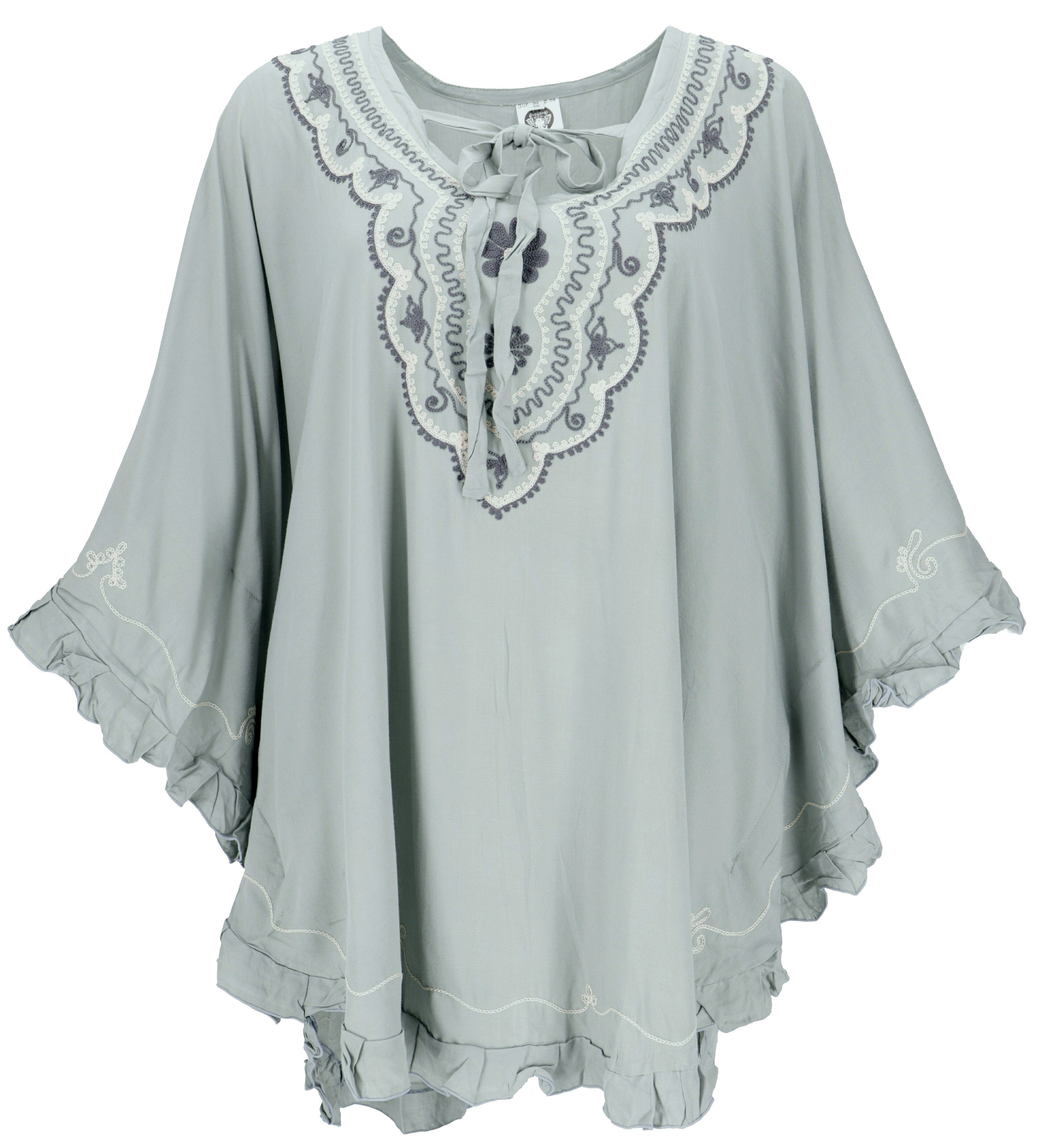 Guru-Shop Longbluse Bestickter Hippie Poncho, Tunika, Kaftan,.. alternative Bekleidung taubengrau