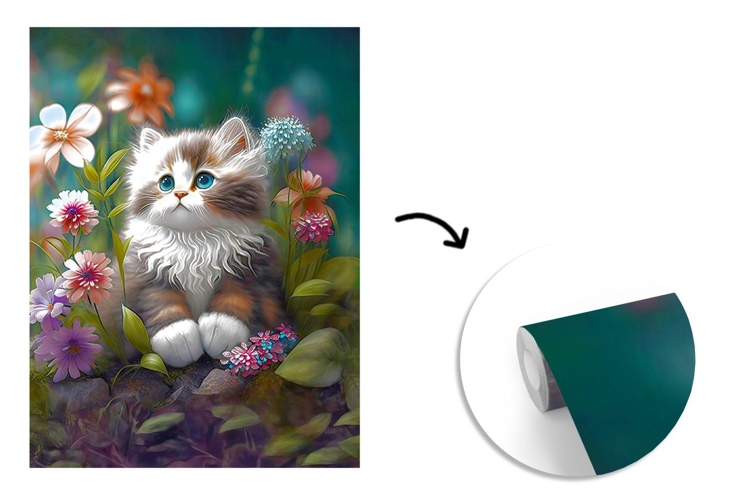 MuchoWow Illustration - - Tapete - bedruckt, Katze, Kätzchen Wohnzimmer, St), Natur Montagefertig (4 Fototapete Blumen Wandtapete Vinyl - Matt, für