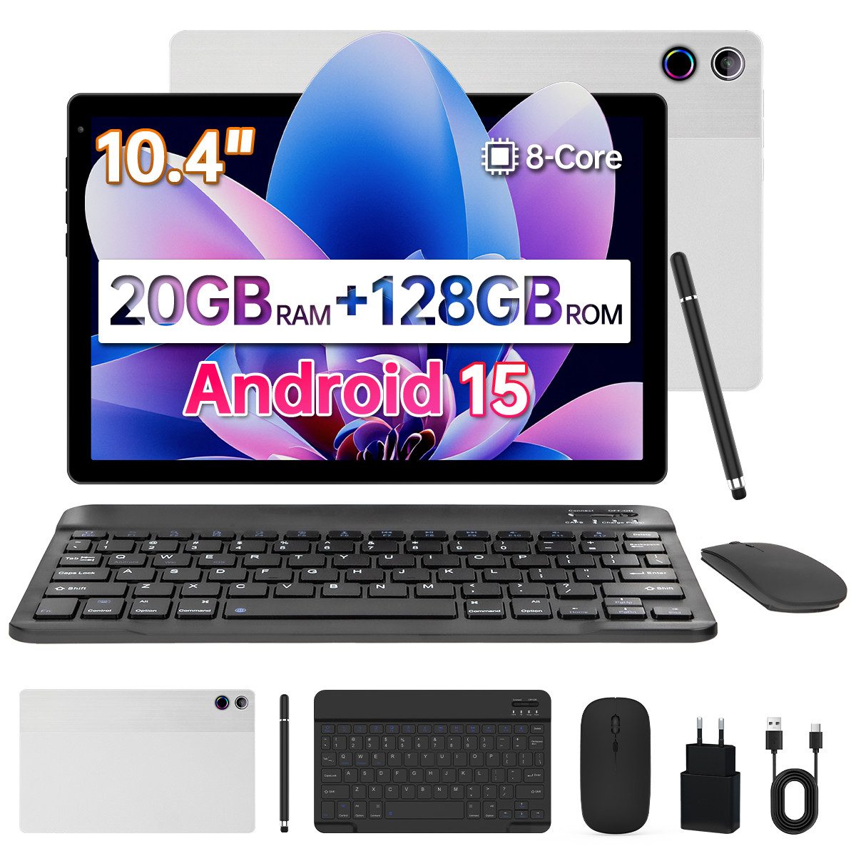 Happybe 10,4’’ Android, 128GB, HD 1280x800, Widevine L1, 5G/2,4G WiFi, 5000mAh Tablet (10,4", 128 GB, Android, WiFi 6, Android 15, Octa-Core-Prozessor, mit Tastatur/Maus/Stift)