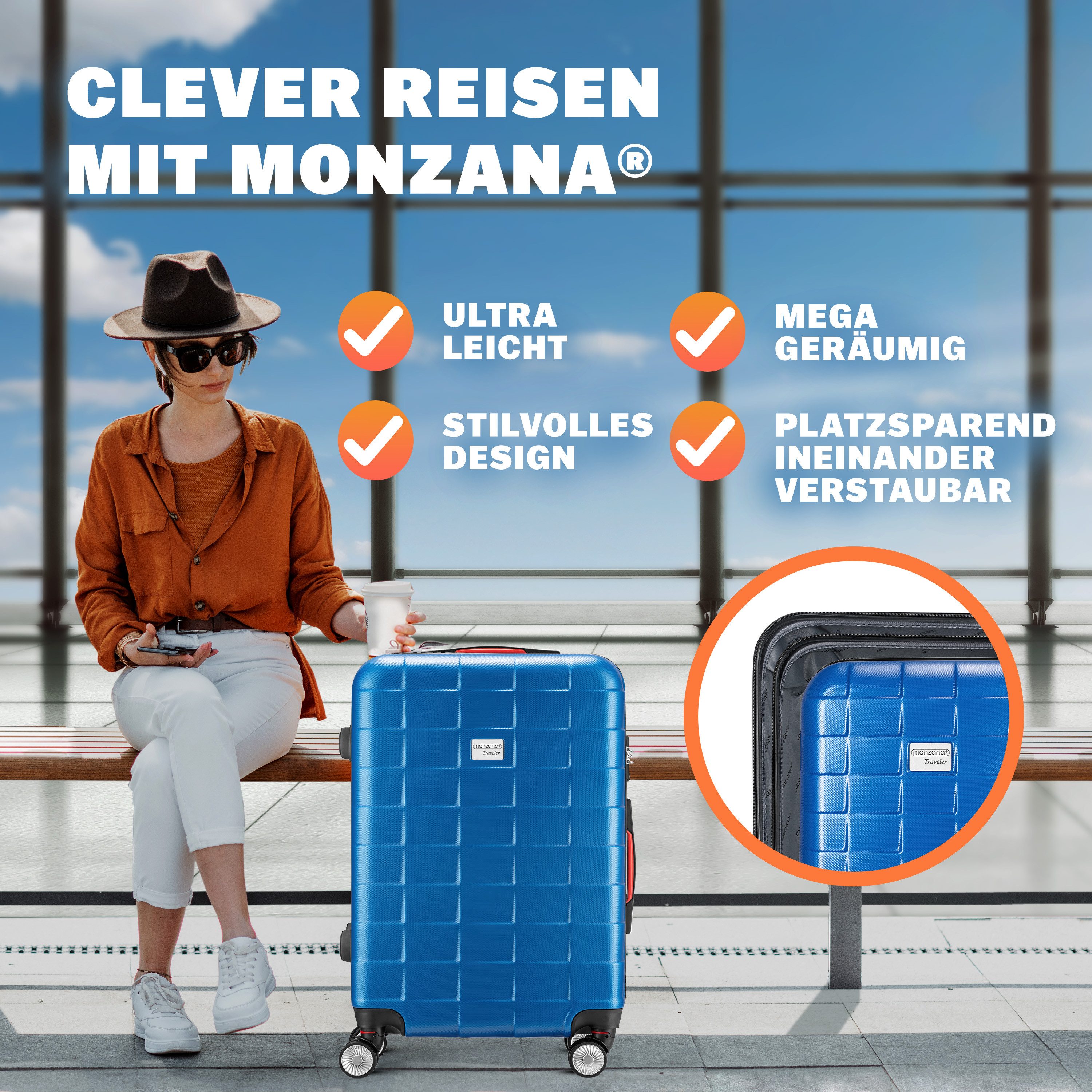 monzana Kofferset, 3tlg TSA Schloss Hartschalen Koffer M-L-XL Rollkoffer Re günstig online kaufen