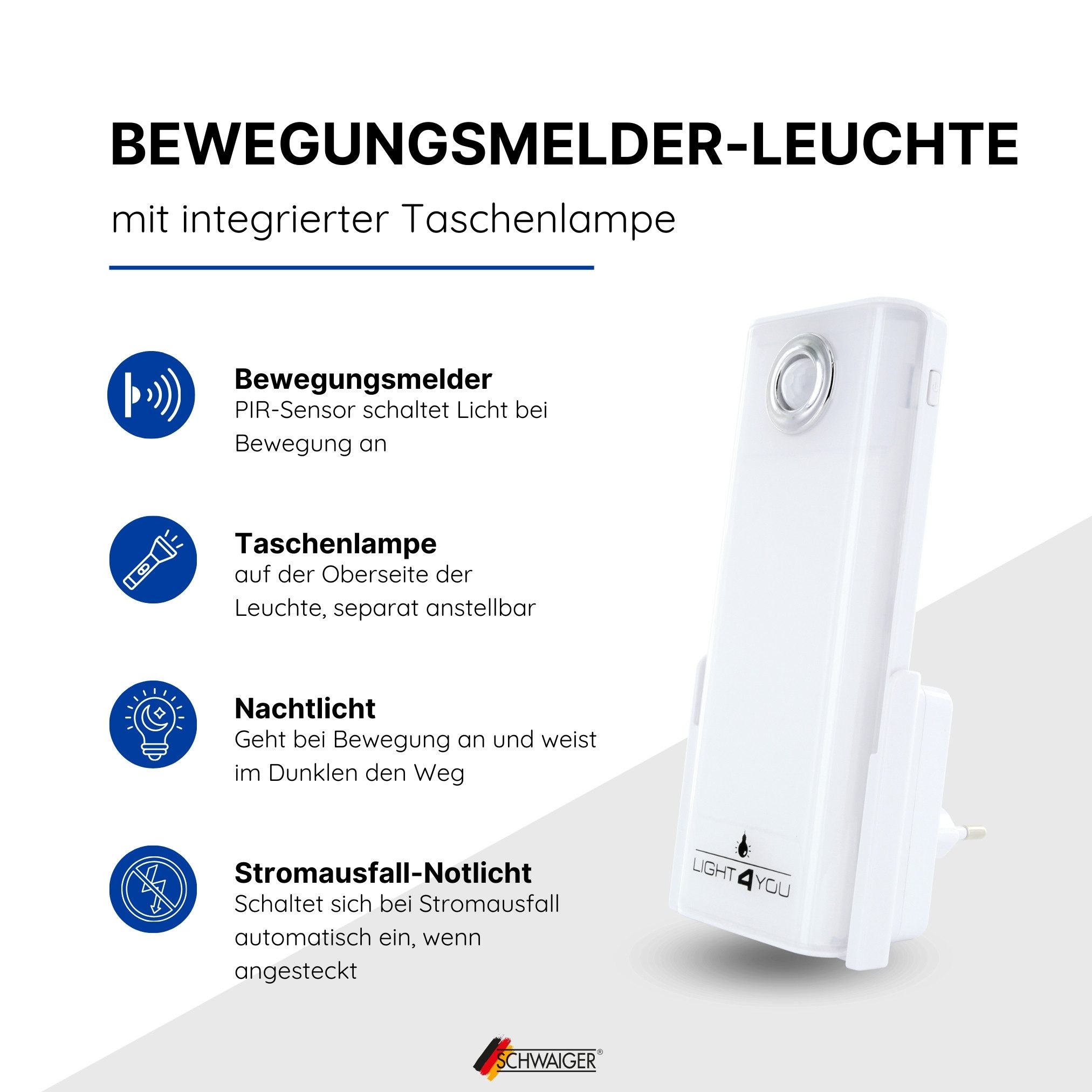 Schwaiger LED Taschenlampe 661637 (Bewegungssensor), Notfallleuchte, Nachtlichtfunktion