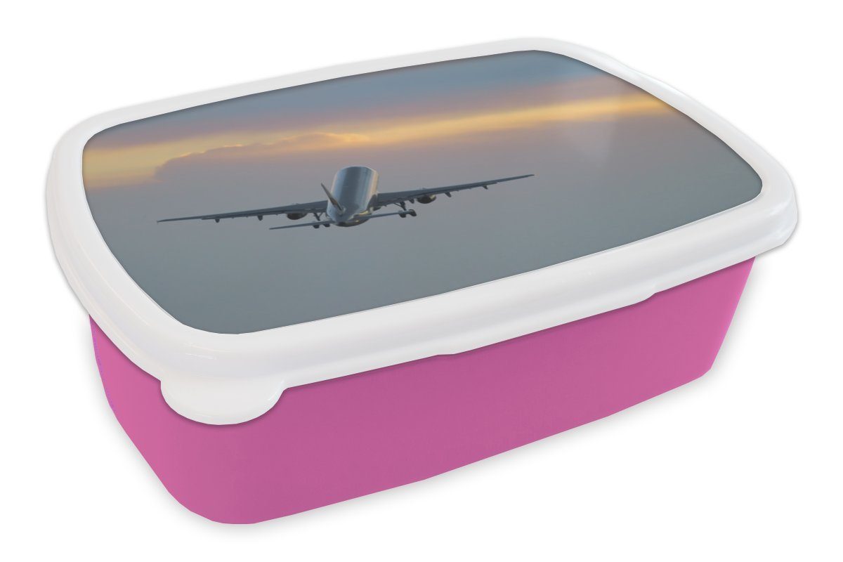 MuchoWow Lunchbox Flugzeug fliegt dem Sonnenuntergang entgegen, Kunststoff, (2-tlg), Brotbox für Erwachsene, Brotdose Kinder, Snackbox, Mädchen, Kunststoff rosa