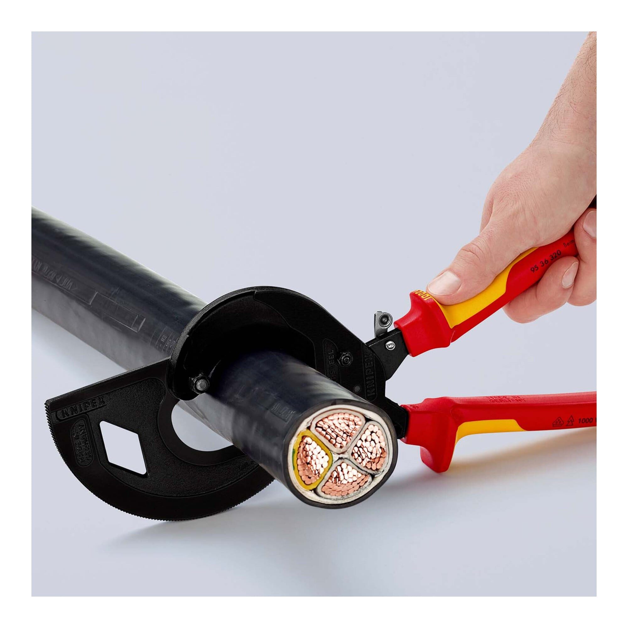Knipex Kabelschere KNIPEX 95 36 320 Kabelschneider (Ratschenprinzip, Dreigang) isoliert m