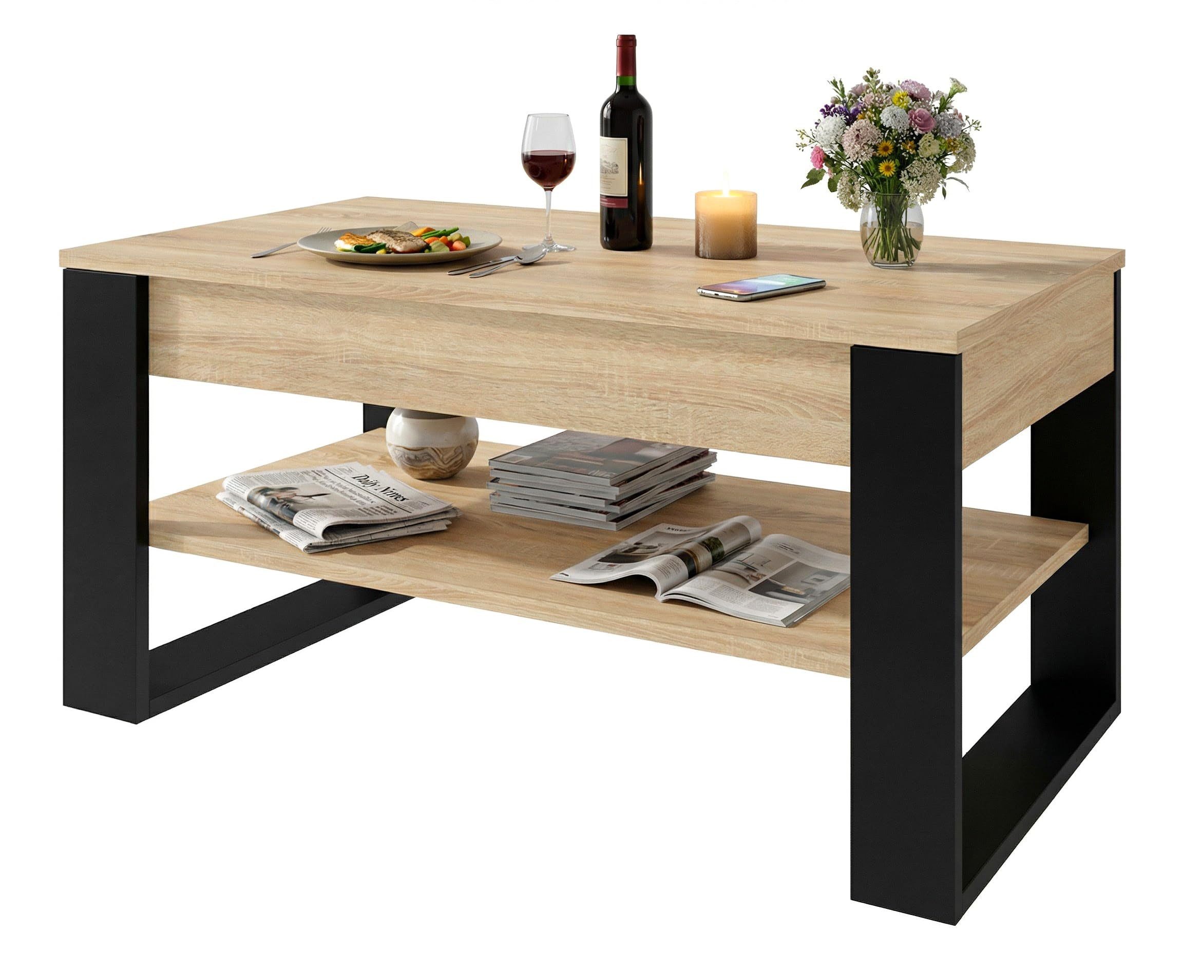 TREND WERK Couchtisch Lift-Couchtisch höhenverstellbar Sofatisch 92×54 cm mit Stauraum, verstecktem Fach Wohnzimmertisch Holz modern