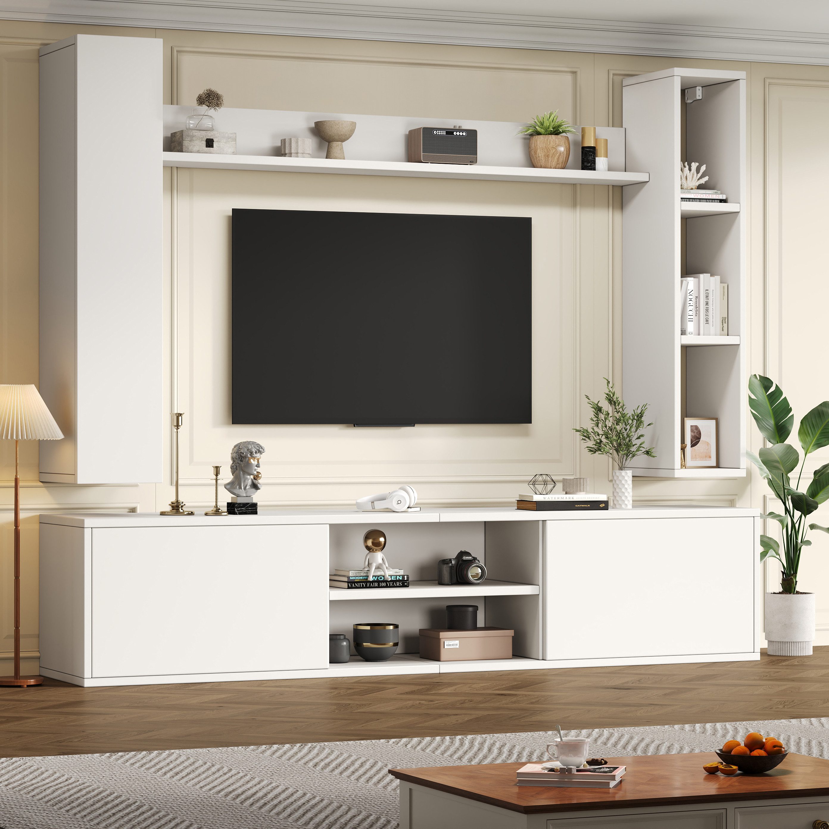 Odikalo Wohnwand Mediawand inkl.TV-Board,Standregal,2 Wandregal, (180x35x33.5cm TV Wohnwand-set mit Vitrinen (Komplett-Set, 4-St),TV Wohnzimmermöbel-Set,TV-Schrank, stehend&hängend,TV bis 80',Weiß, 4-St., Komplett-Set, Set)