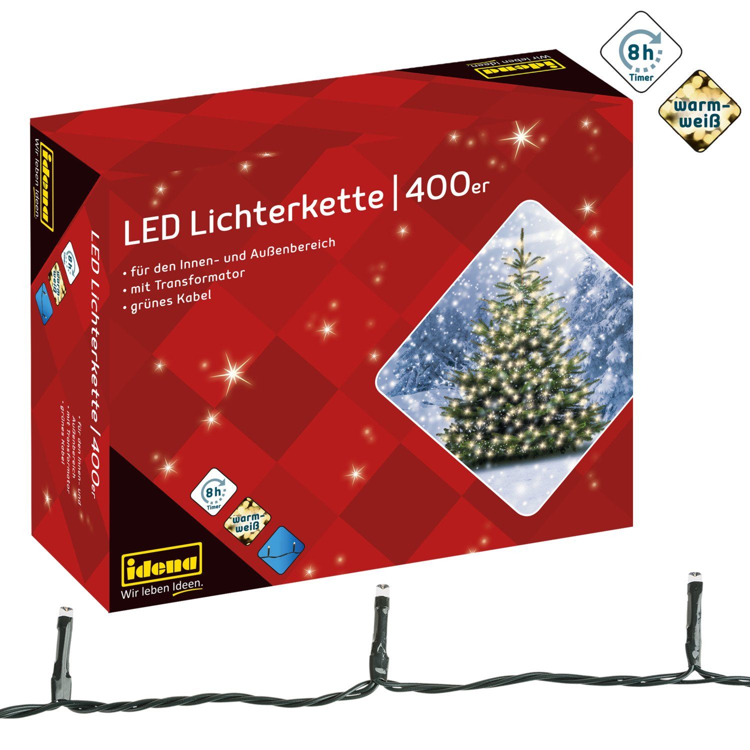 Idena LED-Lichterkette Idena 31123 - LED Lichterkette mit 400 LEDs in Warmweiß, mit 8 Stunden