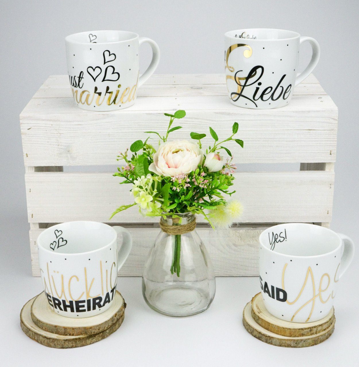 Geda Labels GmbH Tasse Glücklich verheiratet Echtgold, 1-tlg., Porzellan, Weiß, 300 ml, nicht spülmaschinen- oder mikrowellengeeignet