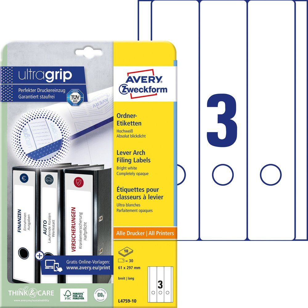 Avery Zweckform Etikett Avery-Zweckform Ordner-Etiketten L4759-10 61 x 297 mm Papier Weiß Perm
