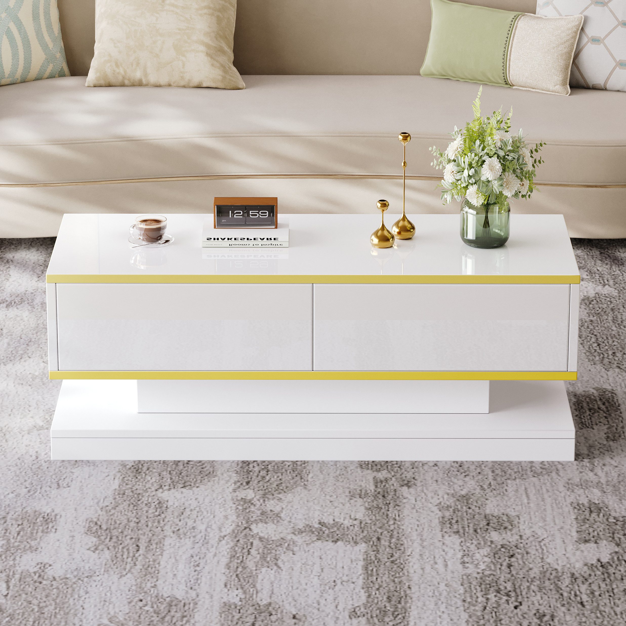 Merax Couchtisch hochglanz Sofatisch Beistelltisch in Warmweiß (1-St., 1 Tisch), Beistelltisch Wohnzimmertisch mit 2 Schubladen,Goldkante, 100x50x38cm – Bild 3 von 5