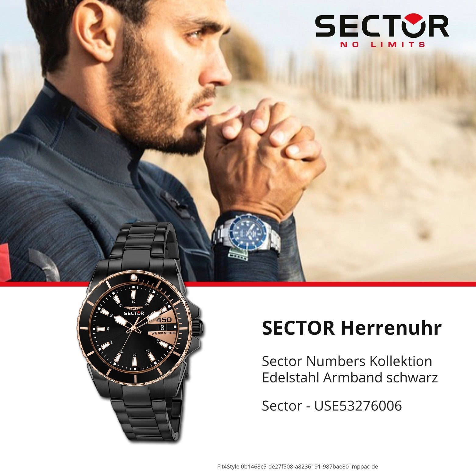 Sector Armbanduhr Analog, rund, 43mm), schwarz, Fas Herren (ca. Quarzuhr groß Sector Edelstahlarmband Armbanduhr Herren