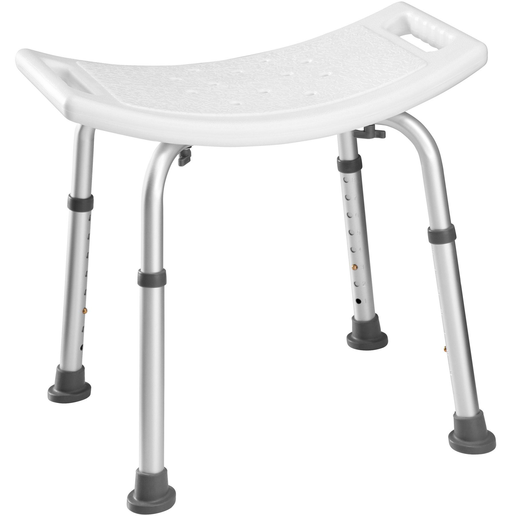 tectake Dusch- und Badhocker Aluminium-Badezimmerhocker, 51 x 39 x 43–60,5 cm, Teleskopbeine, Strukturierte Oberfläche mit Abflusslöchern, Griffe, bis 120 kg