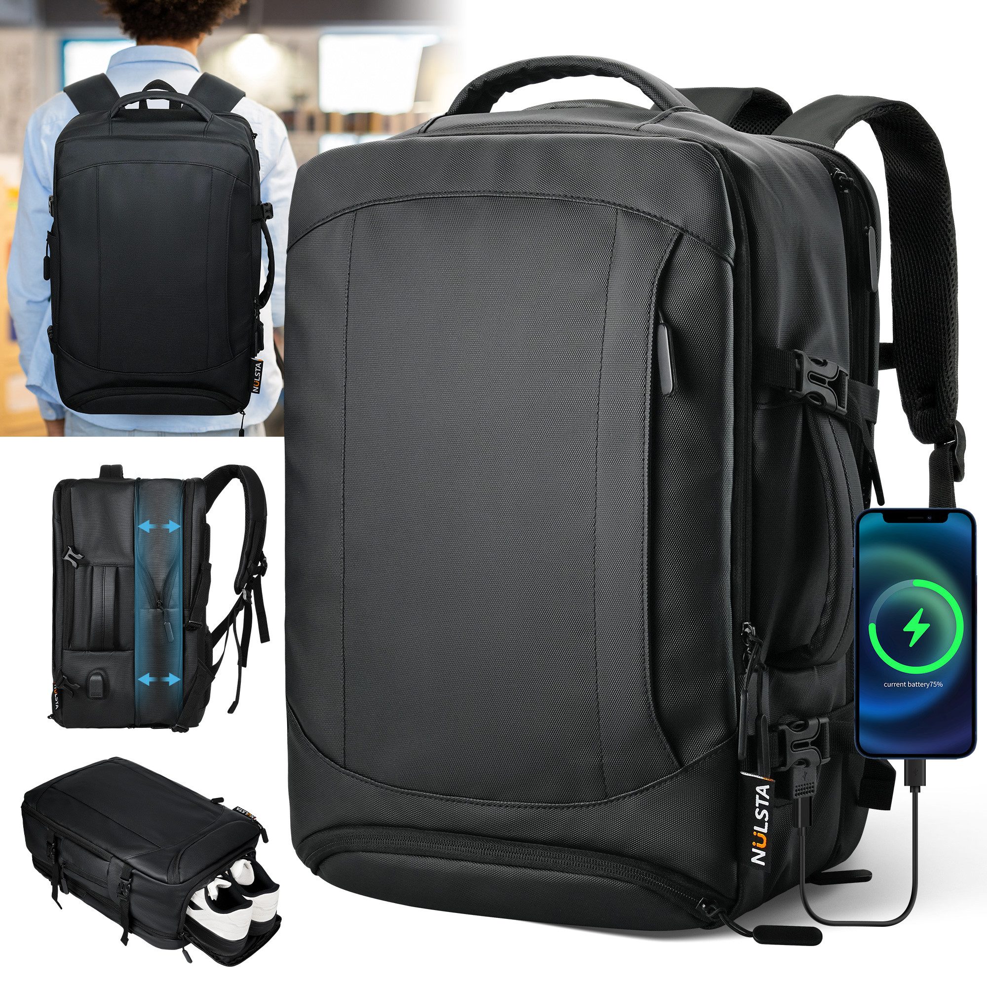 NULSTA Reiserucksack Rucksack 38L Premium 900D Nanocoated Hybridleder Handgepäck Rucksack (Laptop Rucksack Wasserdicht & Flugtauglich mit USB-Ladeanschluss, Schuhfach & Erweiterbar, Handgepäck Flugzeug Rucksack für 15,6-17 Zoll Laptop), Travel Backpack Rucksack Herren Damen, Weekender Dienstreisen Schwarz