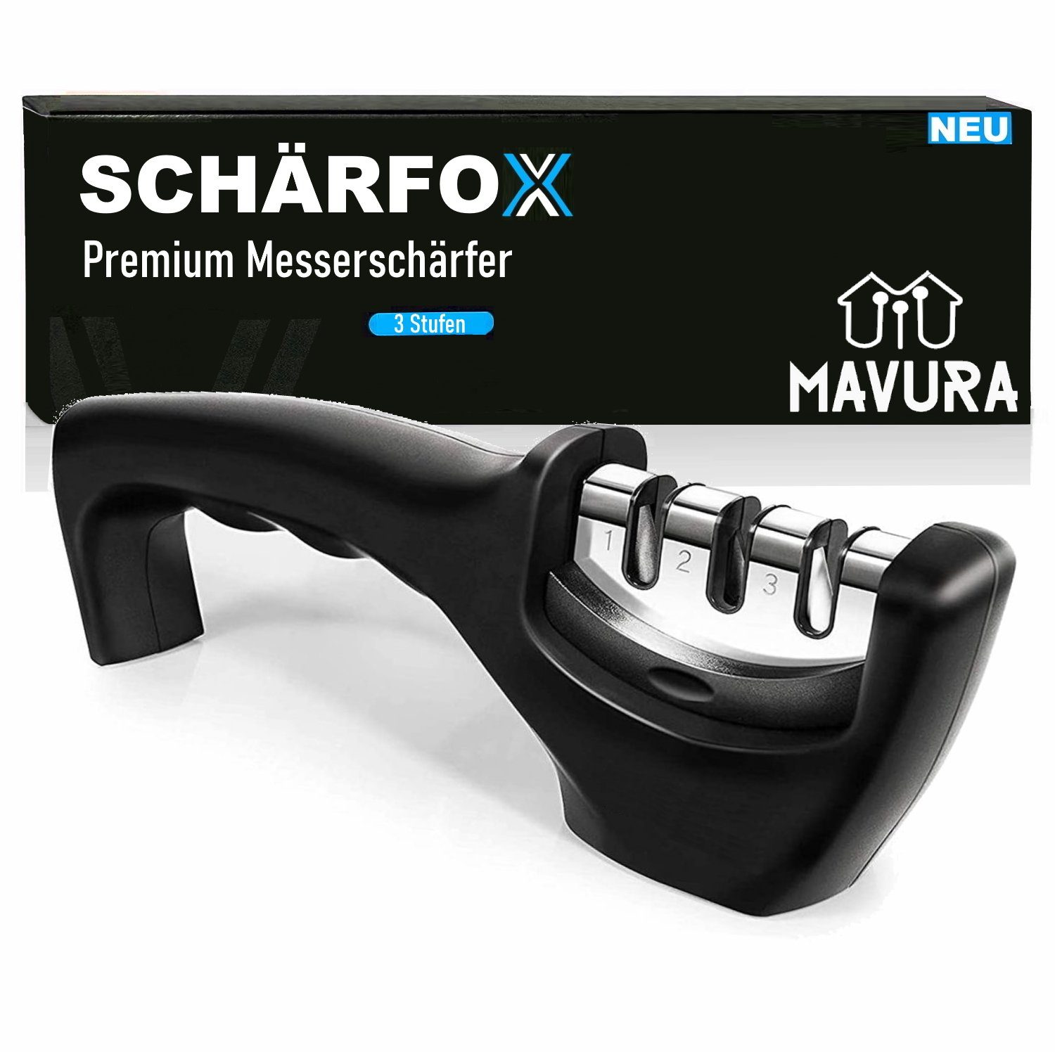 MAVURA Messerschärfer SCHÄRFOX PROFI Messer Schärfer 3 Stufen Diamant Messerschleifer, Knife Sharpener Klingen Schleifer