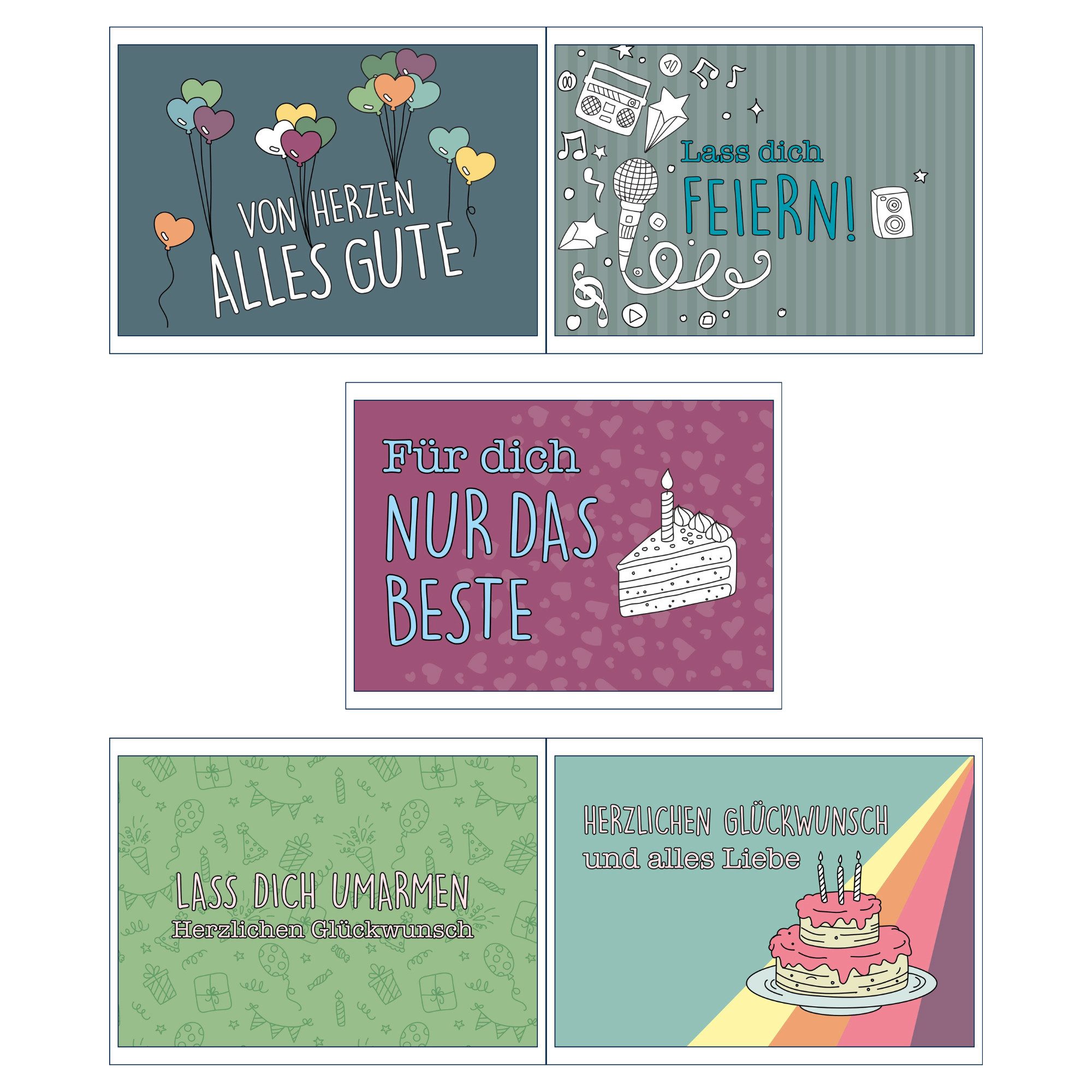 CUPCAKES & KISSES Glückwunschkarte 25er Postkarten Set Glückwunsch & Geburtstag bunt, Glückwunschkarte
