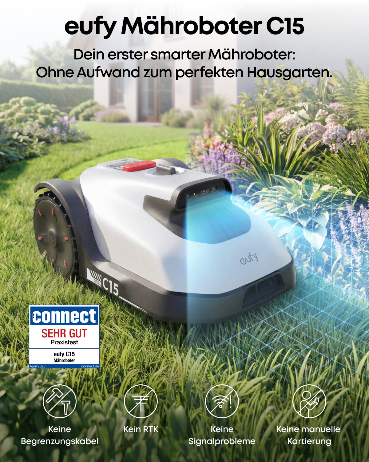 eufy Rasenmähroboter C15 ohne Begrenzungskabel, bis 500 m² Rasenfläche, (Packung), ohne RTK, Auto-Kartierung, intelligente Navigation, präzises Randmähen