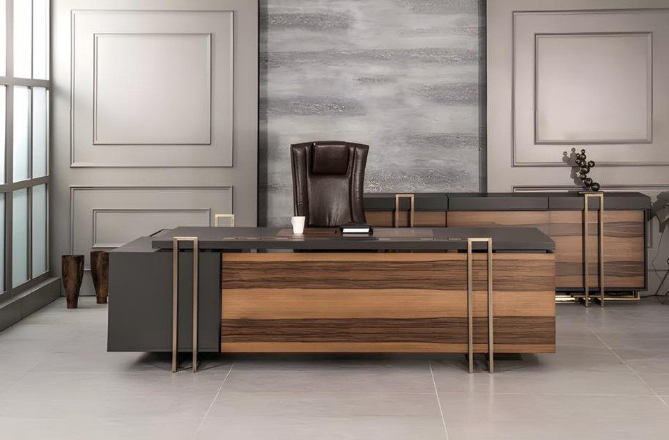 JVmoebel Eckschreibtisch Luxus Schreibtisch aus Leder und Holz mit elegantem Design (1-St., Eckschreibtisch), Made in Europa