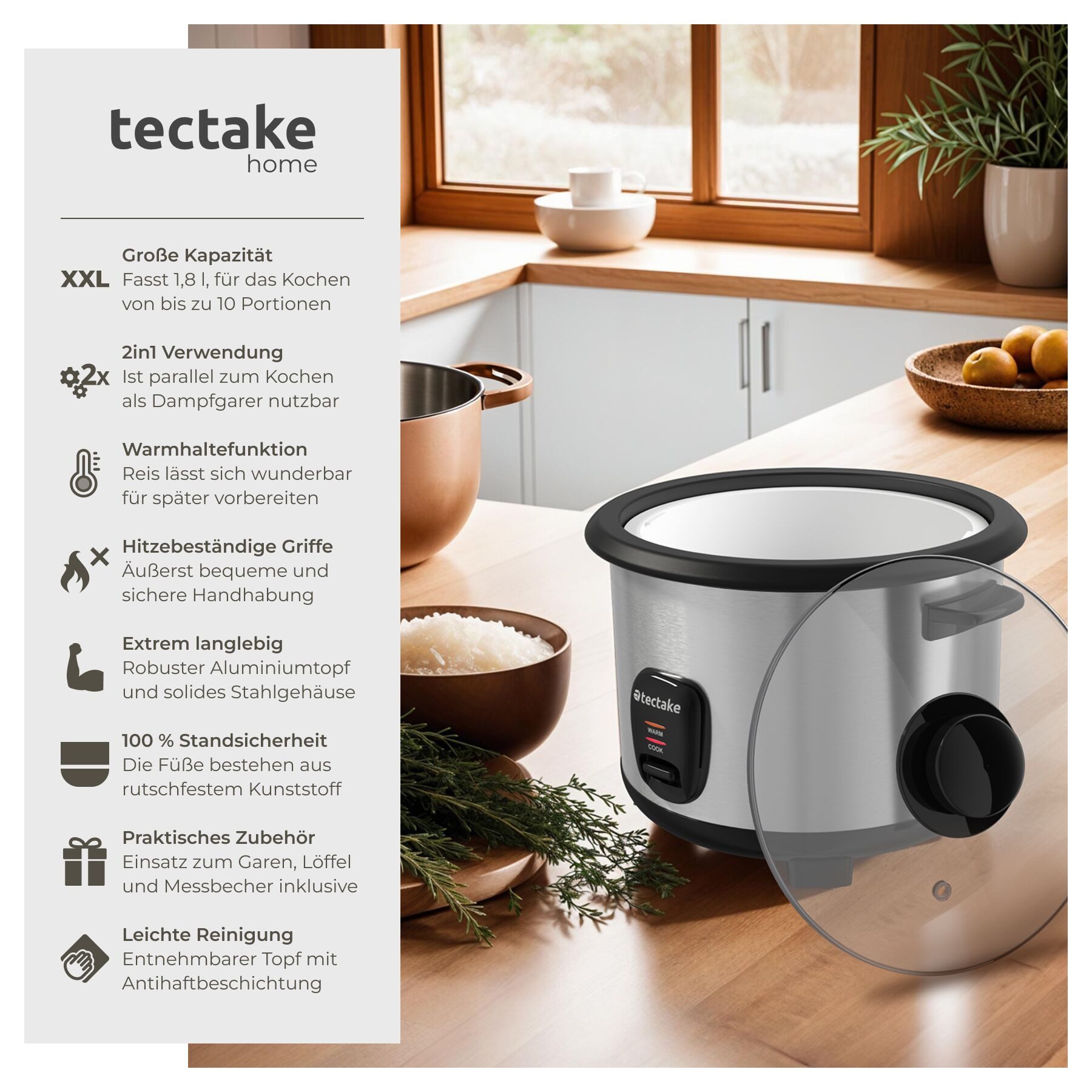 tectake Reiskocher Küchenmaschine, 31x27,5x25,5 cm, 1,8 l/10 Port., 700 W, 2-in-1: Topf entnehmbar/Dampfgareinsatz, warmhaltend, Griffe hitzefest