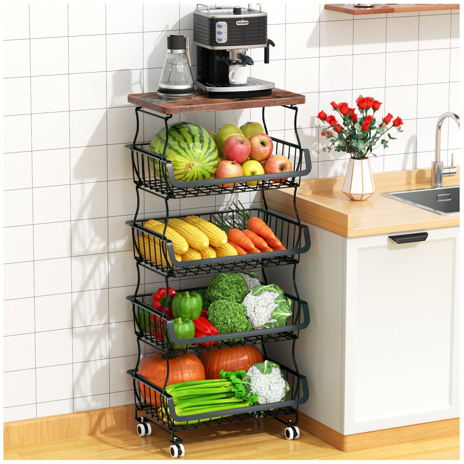 POPOLIC Küchenwagen Gemüseregal Küchenwagen mit Schubladen und Rollen 5-Eta günstig online kaufen