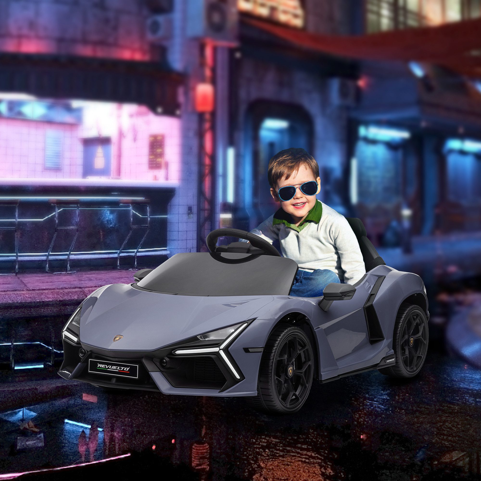 AIYAPLAY Elektro-Kinderauto 12V Lamborghini mit 2,4G Fernbedienung, USB/MP3-Anschluss, Belastbarkeit 25 kg, (1-tlg), bis 5 km,h, für Kinder 3-5 Jahre, Grau