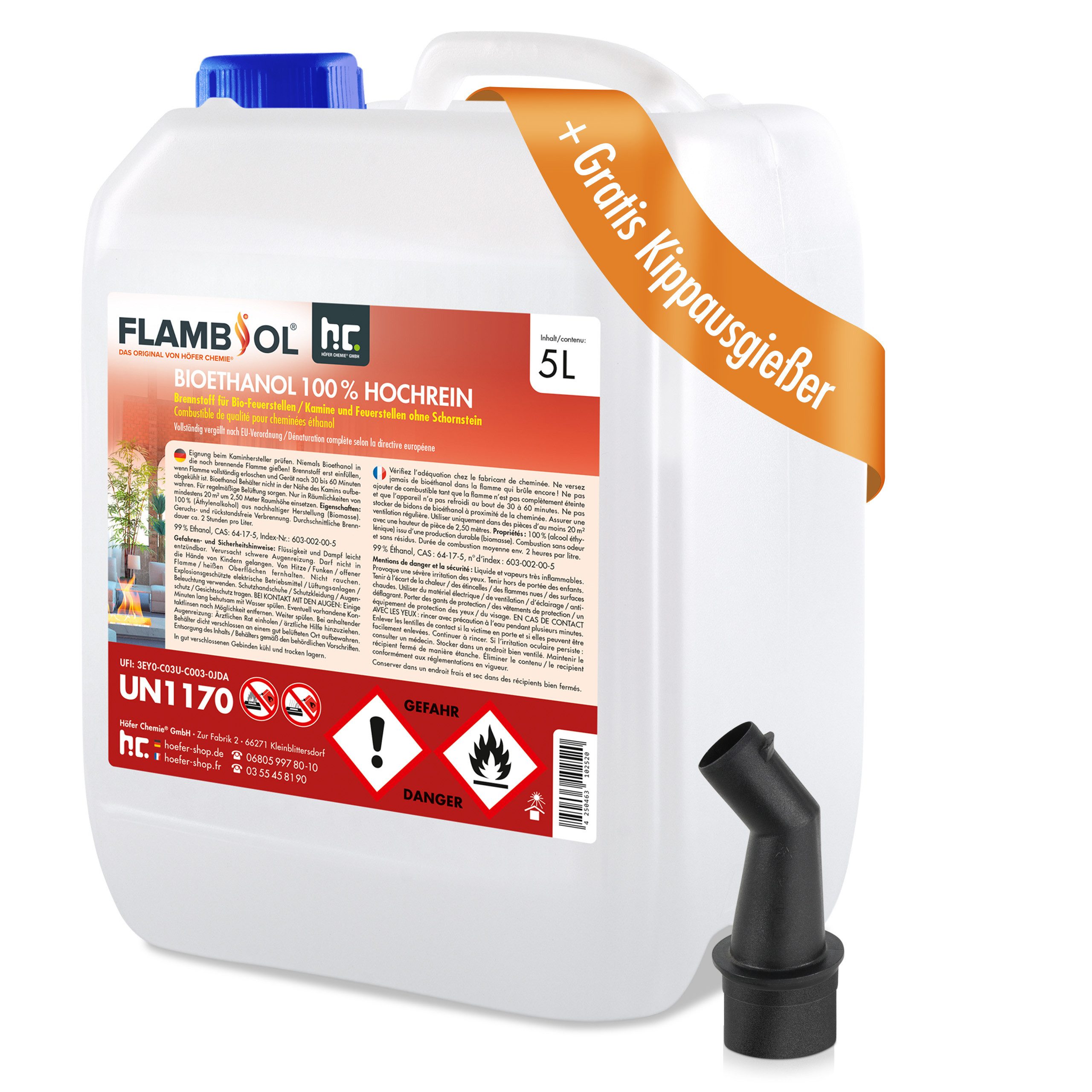 Höfer Chemie GmbH Bioethanol 5 L FLAMBIOL® Bioethanol 100 % Hochrein, 5 l, (1-St), Saubere Verbrennung ohne Ruß