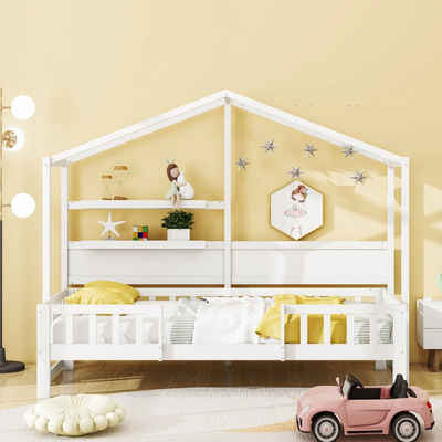 Flieks Kinderbett, Massivholz Hausbett Einzelbett mit Dach und Sicherheitszaun 90x200cm