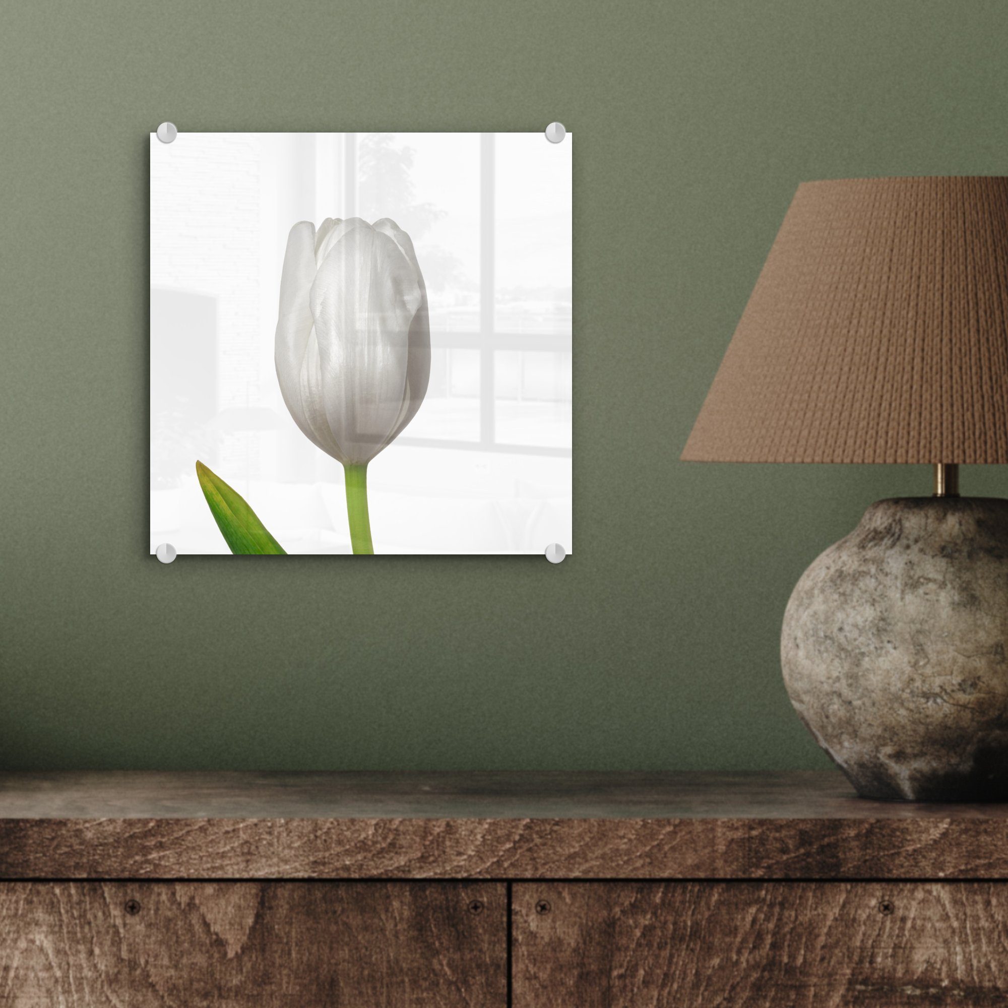 St), Nahaufnahme Foto MuchoWow weißen - auf Glas der - Blätter Tulpe, Wanddekoration einer Bilder (1 Acrylglasbild Glasbilder Wandbild auf Glas -