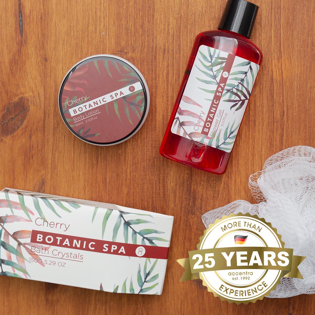 ACCENTRA Pflege-Geschenkset "Cherry Spa" Geschenkset im Seegras-Körbchen mit fruchtigen Kirch-Duft, Hergestellt ohne Tierversuche